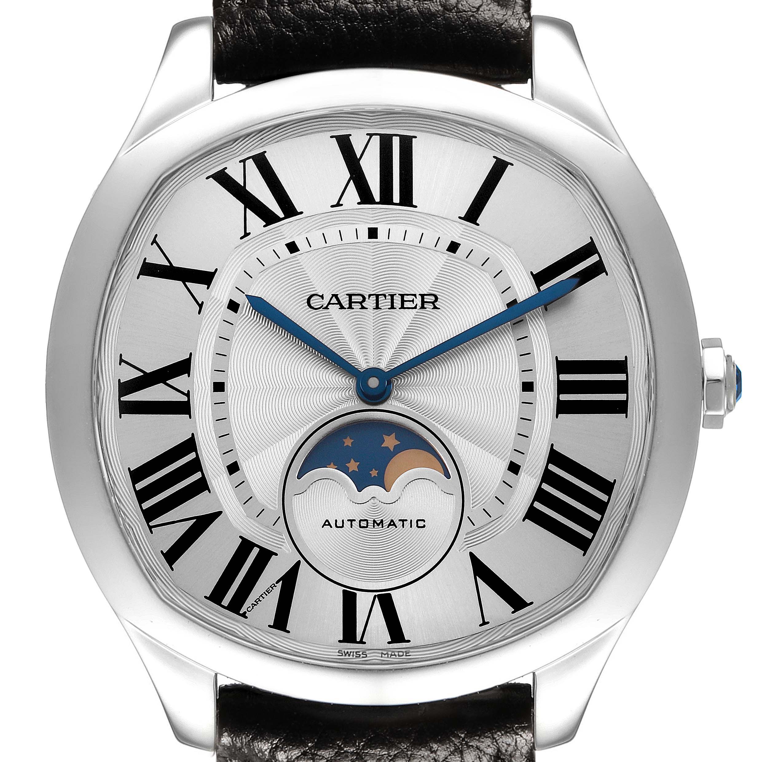 The Drive de Cartier watch is shown from the front, displaying its face, Roman numerals, and moon phase feature.