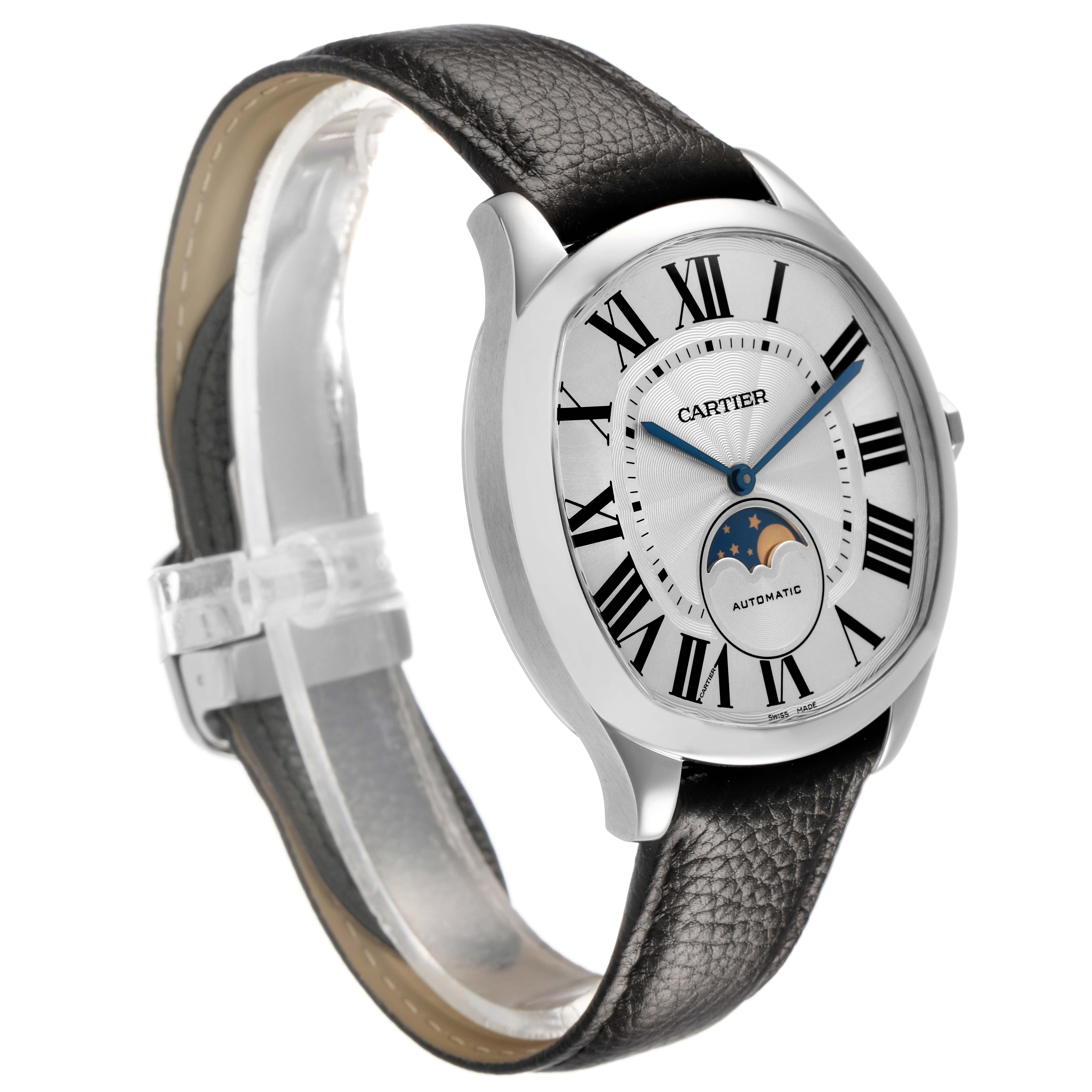 The Drive de Cartier watch is shown at a side angle, highlighting the face, Roman numerals, blue hands, and leather strap.
