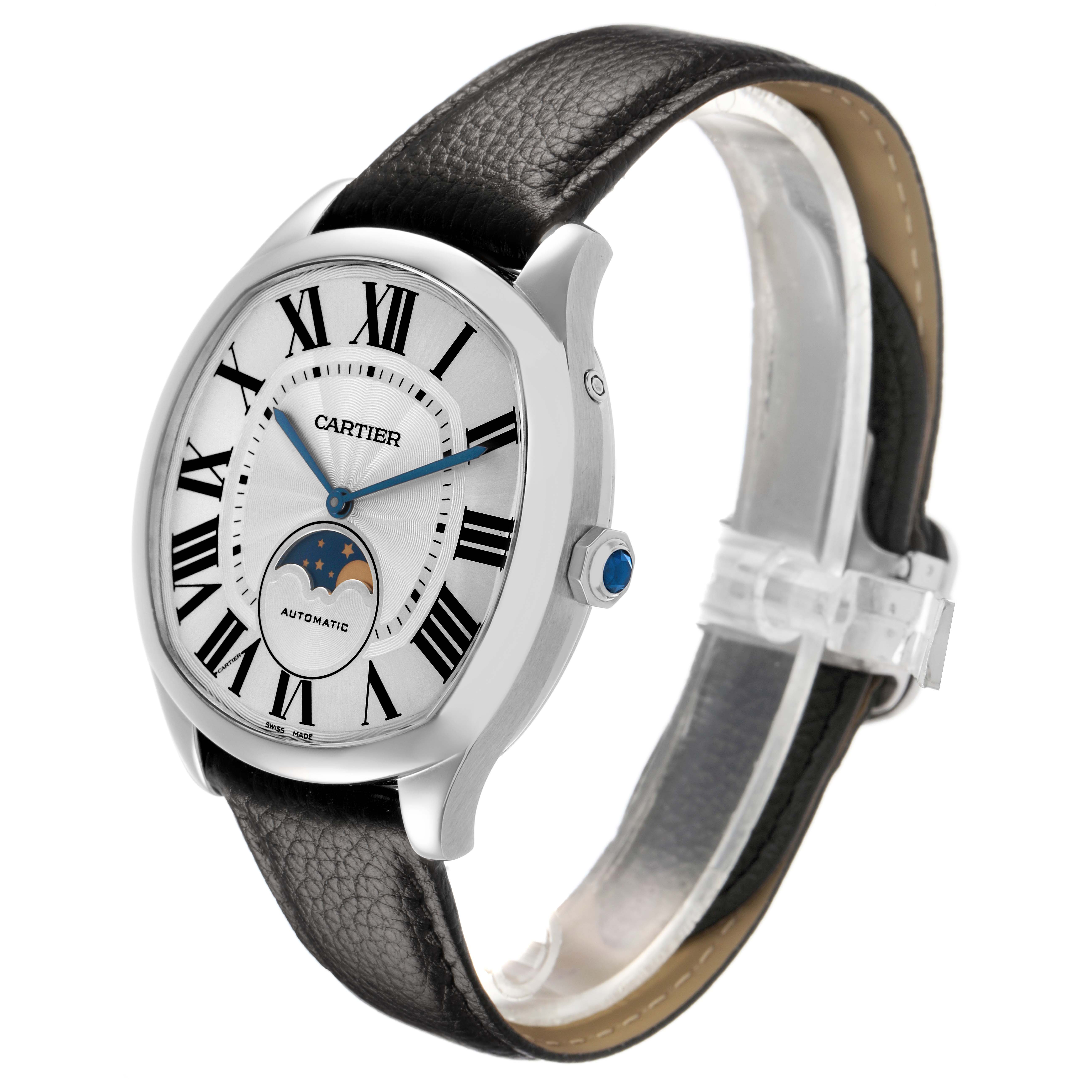 The Drive de Cartier watch is shown at a three-quarter angle, highlighting the dial, crown, and leather strap.
