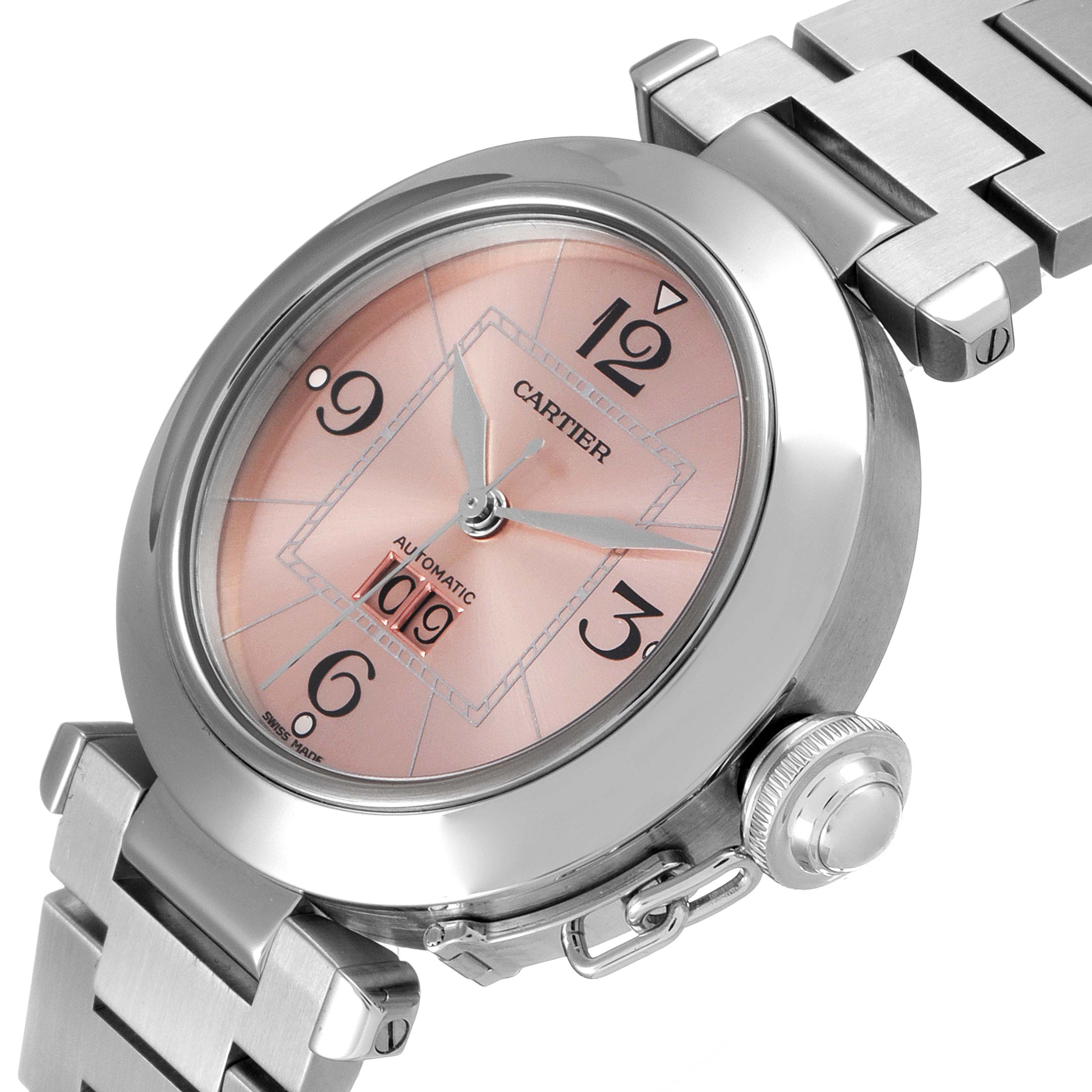 This image shows a Cartier Pasha W31058M7 Women
s Stainless Steel Pink Dial W31058M7 Women
s Stainless Steel Pink Dial watch at a slight angle, highlighting its pink dial, crown, and stainless steel bracelet.