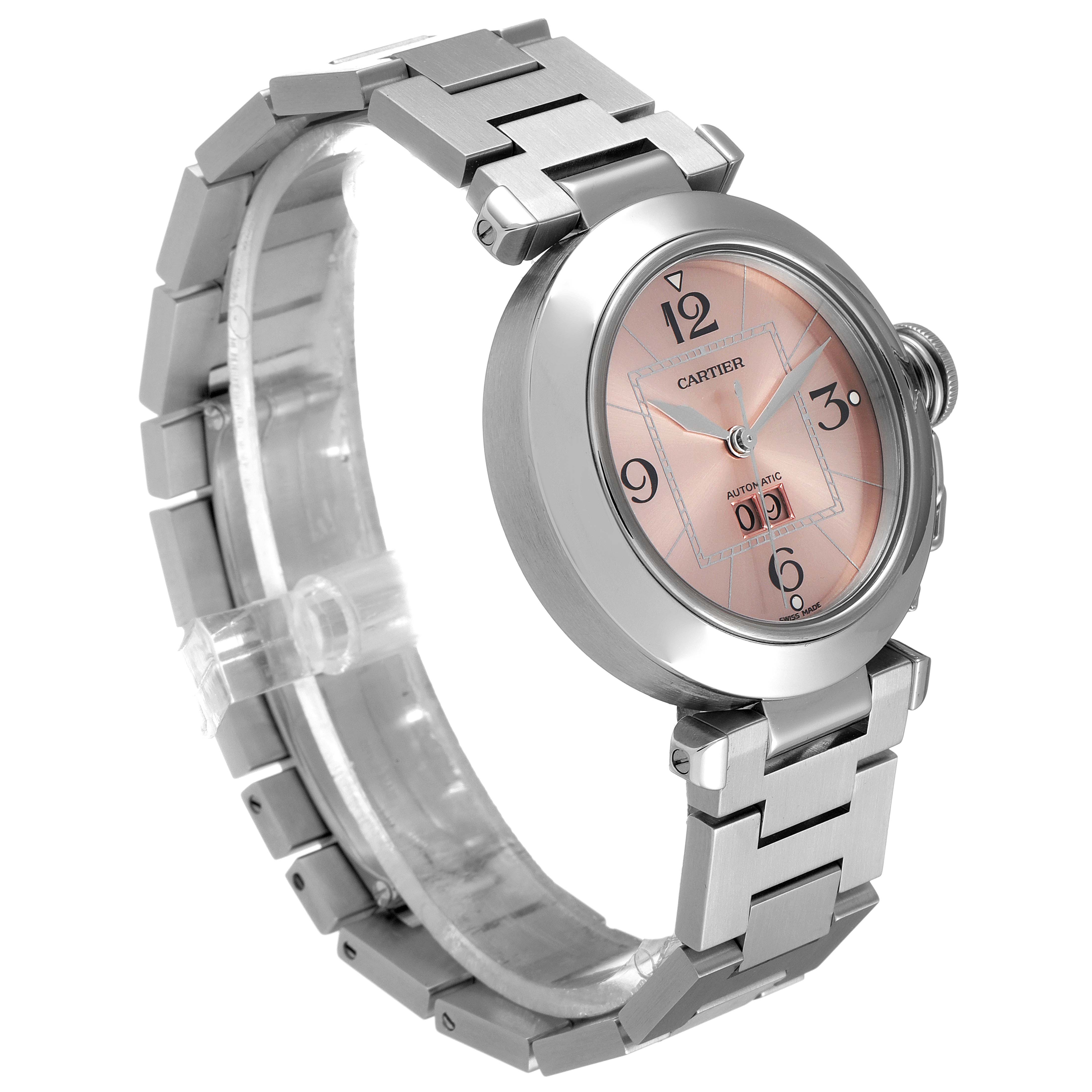 The Cartier Pasha W31058M7 Women
s Stainless Steel Pink Dial W31058M7 Women
s Stainless Steel Pink Dial watch is shown at a slight angle, displaying the face, strap, and crown.