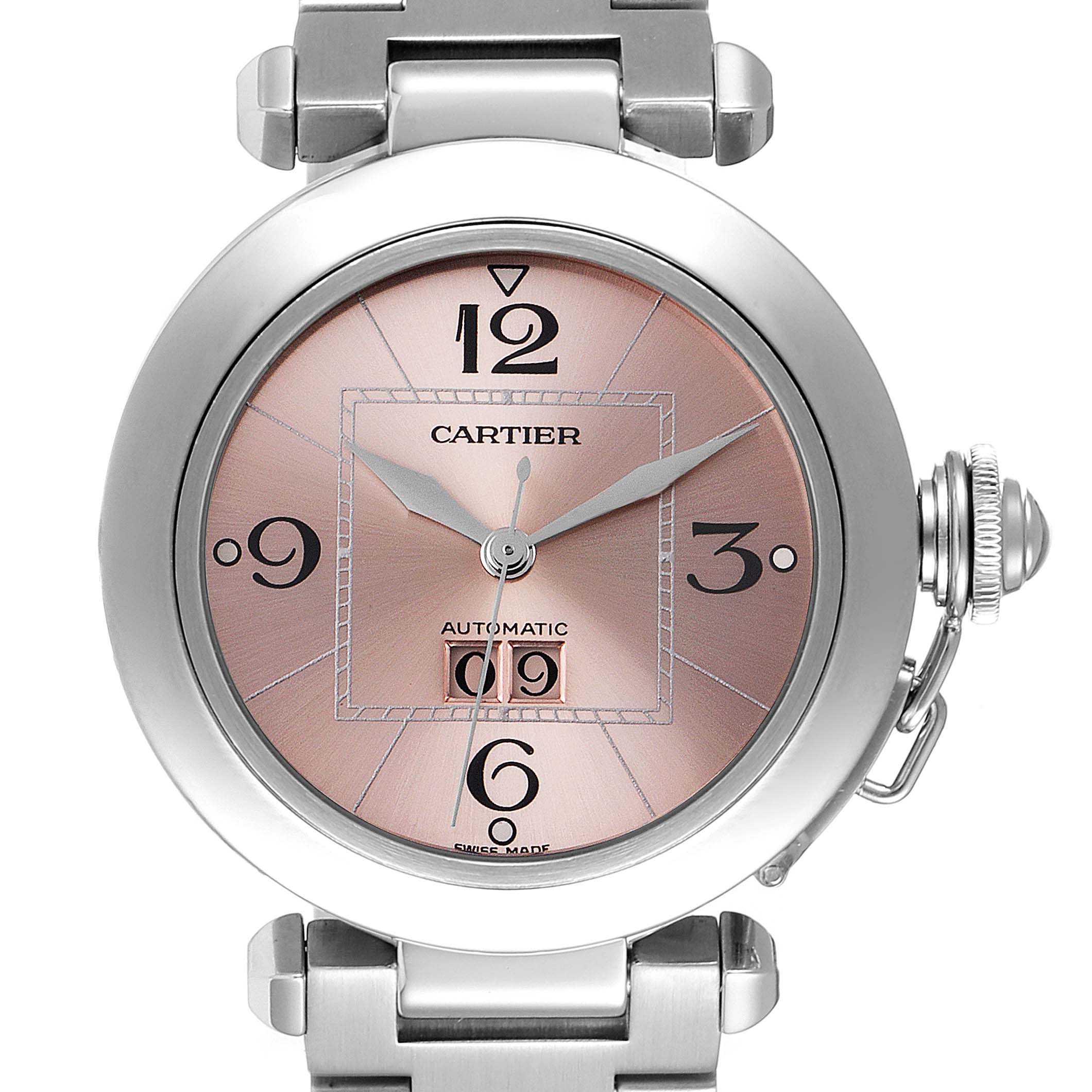 The Cartier Pasha W31058M7 Women
s Stainless Steel Pink Dial W31058M7 Women
s Stainless Steel Pink Dial watch is shown head-on, displaying its round face, numerals, and date window.