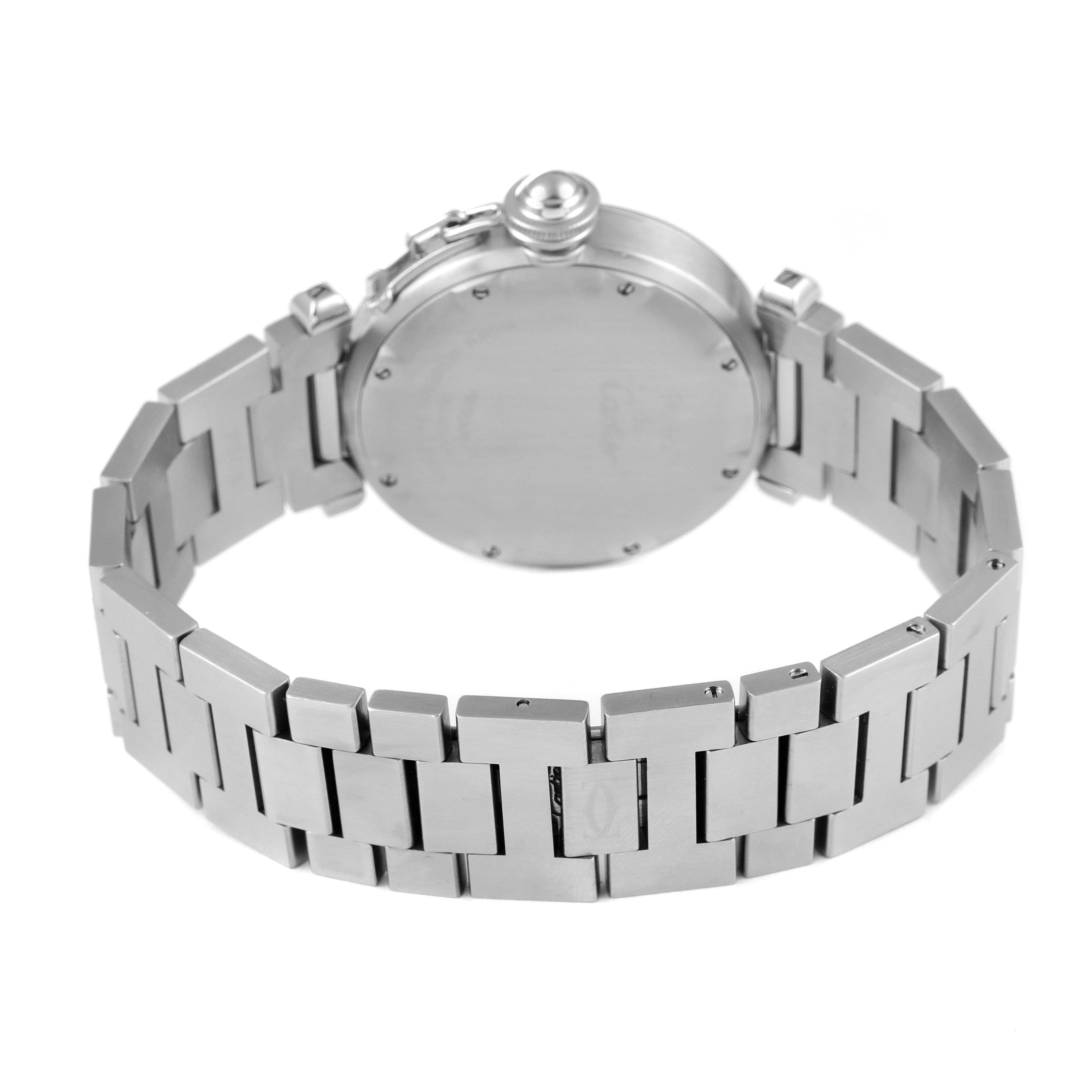 The image shows the back and band of a Cartier Pasha W31058M7 Women
s Stainless Steel Pink Dial W31058M7 Women
s Stainless Steel Pink Dial watch, viewed from behind.