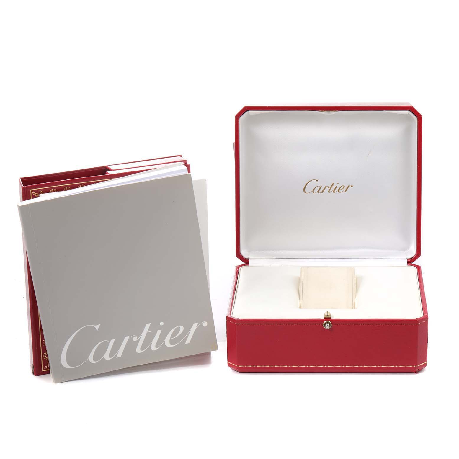 The image shows an open Cartier Pasha W31058M7 Women
s Stainless Steel Pink Dial W31058M7 Women
s Stainless Steel Pink Dial watch box and an instruction booklet, both at a straight angle.