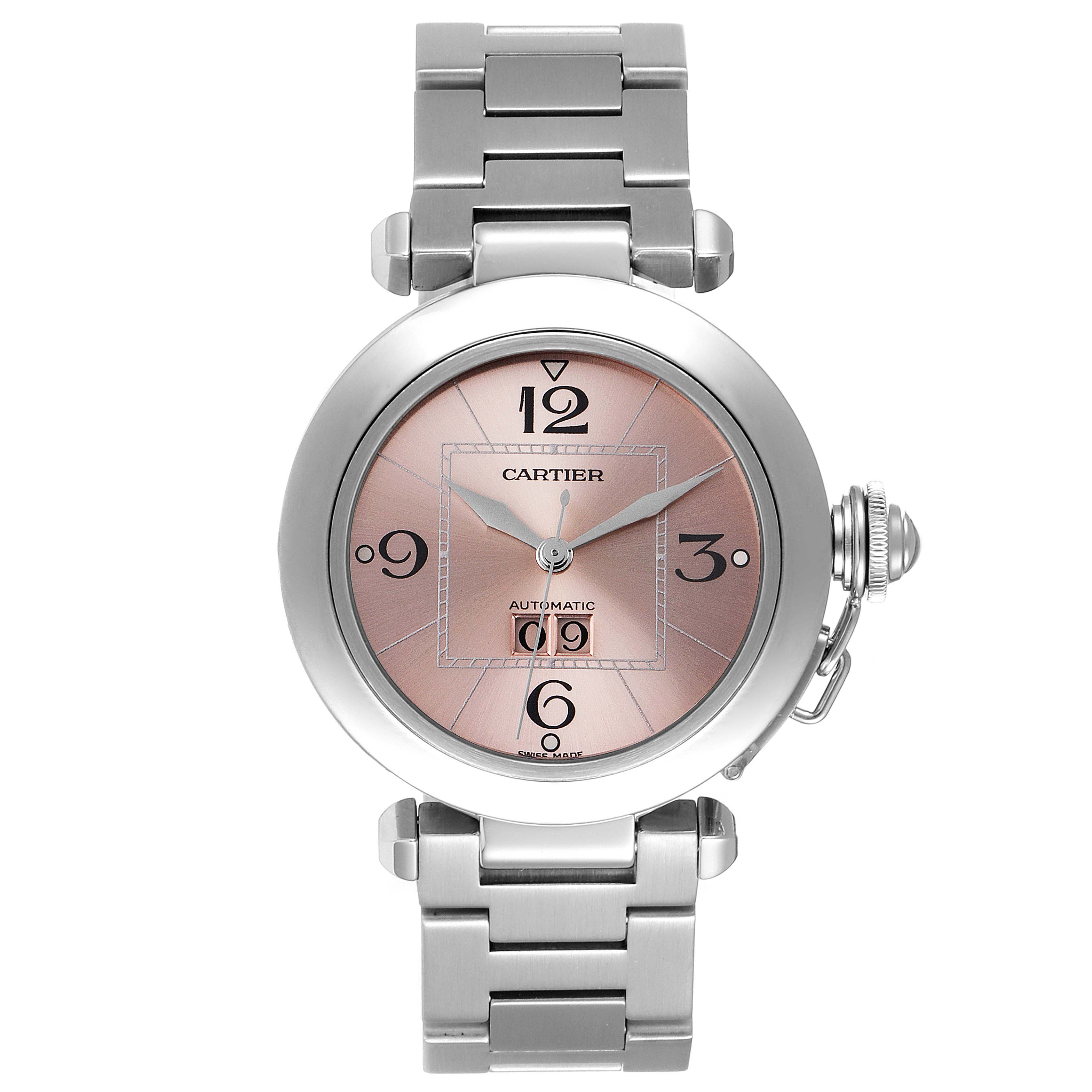 The image shows a front view of the Cartier Pasha W31058M7 Women
s Stainless Steel Pink Dial W31058M7 Women
s Stainless Steel Pink Dial watch displaying the dial, bracelet, and crown.