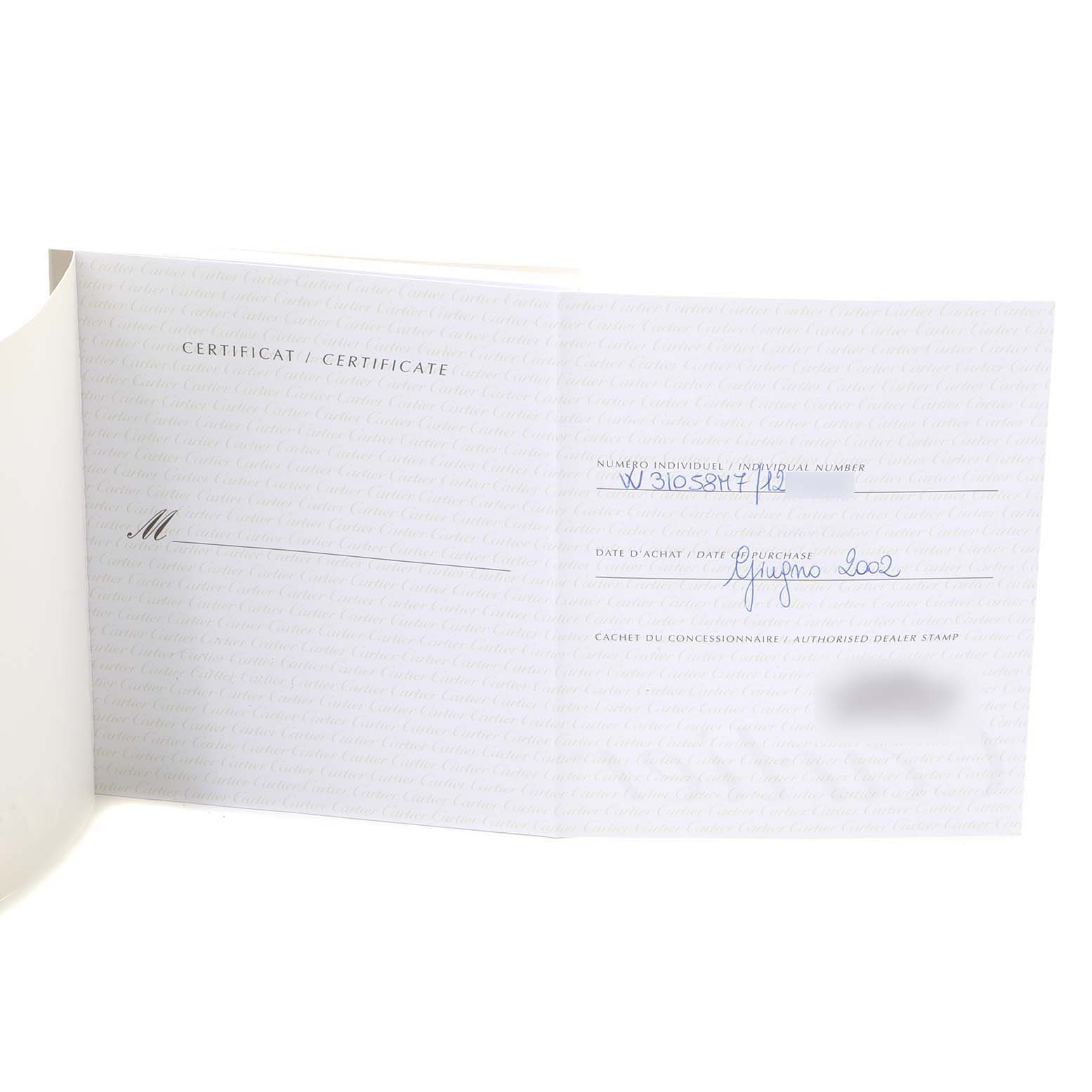 The image shows an open certificate booklet for a Cartier Pasha W31058M7 Women
s Stainless Steel Pink Dial W31058M7 Women
s Stainless Steel Pink Dial watch, displaying individual number, date of purchase, and dealer stamp.