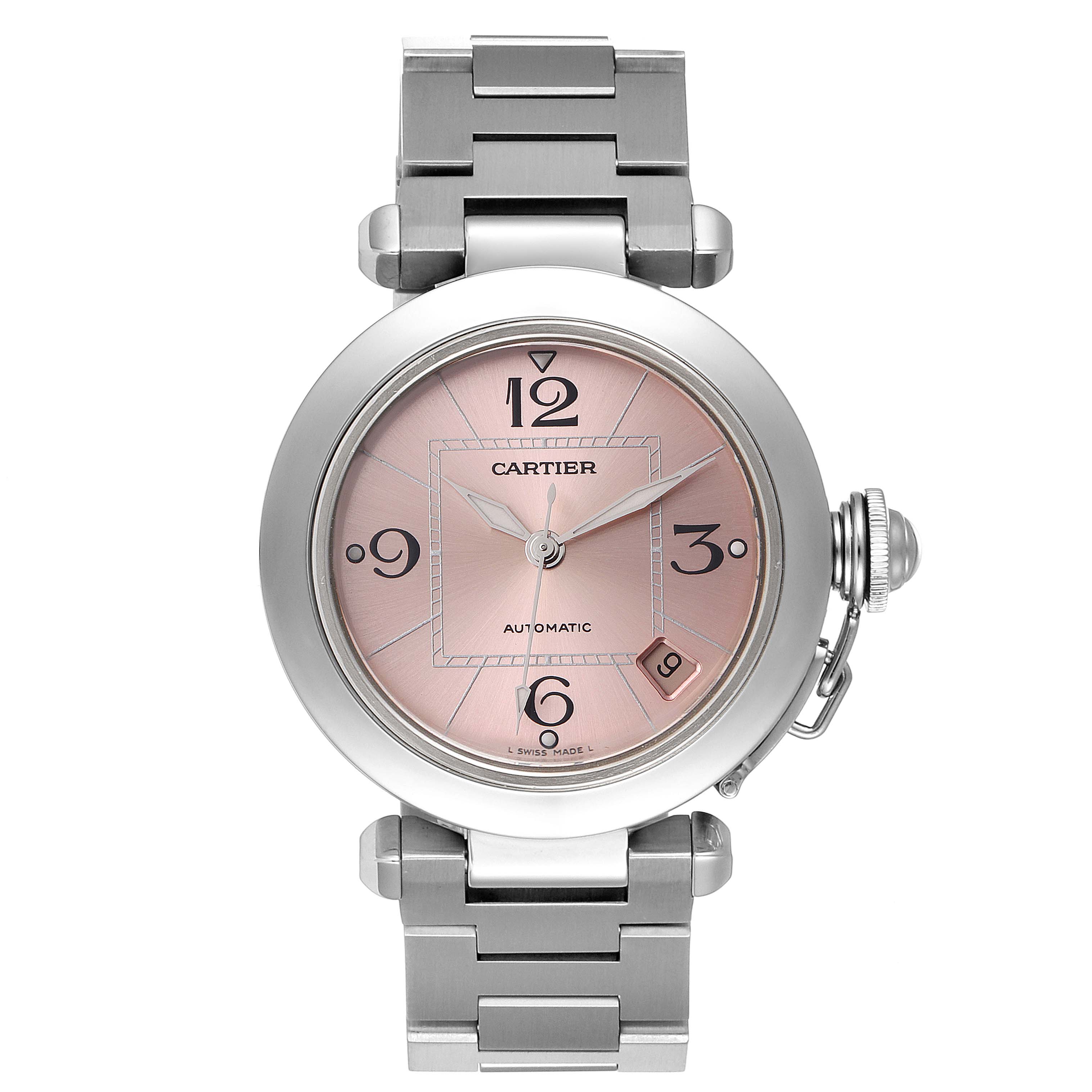 This image shows a Cartier Pasha W31075M7 Women's Stainless Steel Pink Dial W31075M7 Women's Stainless Steel Pink Dial watch from the front, detailing its pink dial, bracelet, hands, numbers, and date display.