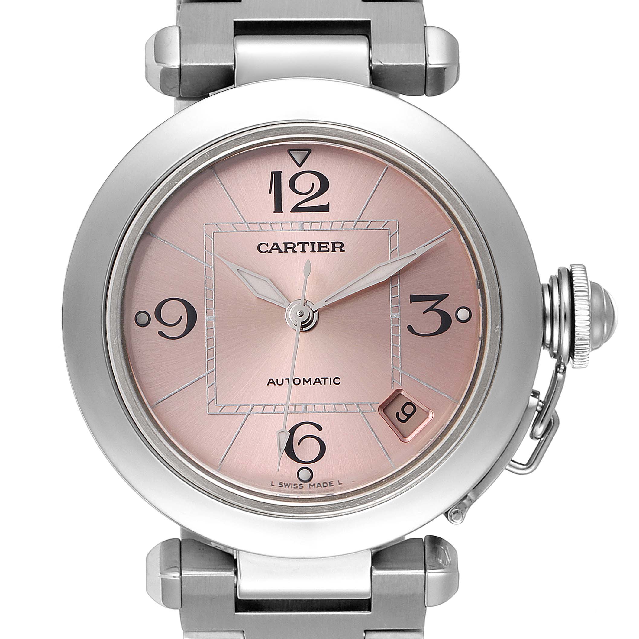 This is a front view of the Cartier Pasha W31075M7 Women's Stainless Steel Pink Dial W31075M7 Women's Stainless Steel Pink Dial watch showing its round dial, Arabic numerals, hands, date window, and crown.