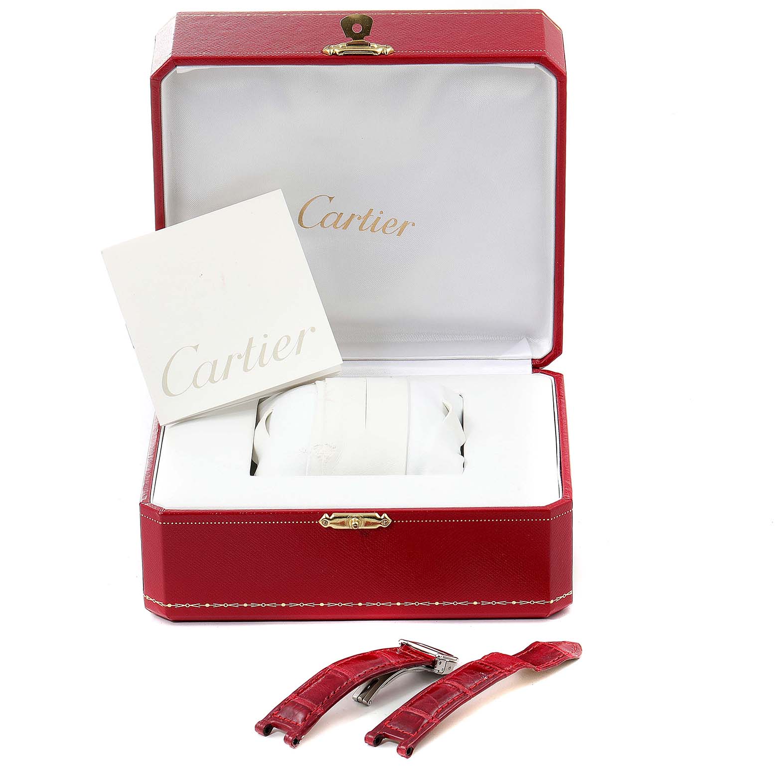 The image shows a Cartier Pasha W31075M7 Women's Stainless Steel Pink Dial W31075M7 Women's Stainless Steel Pink Dial watch box with a pillow insert, a booklet, and additional red watch straps.