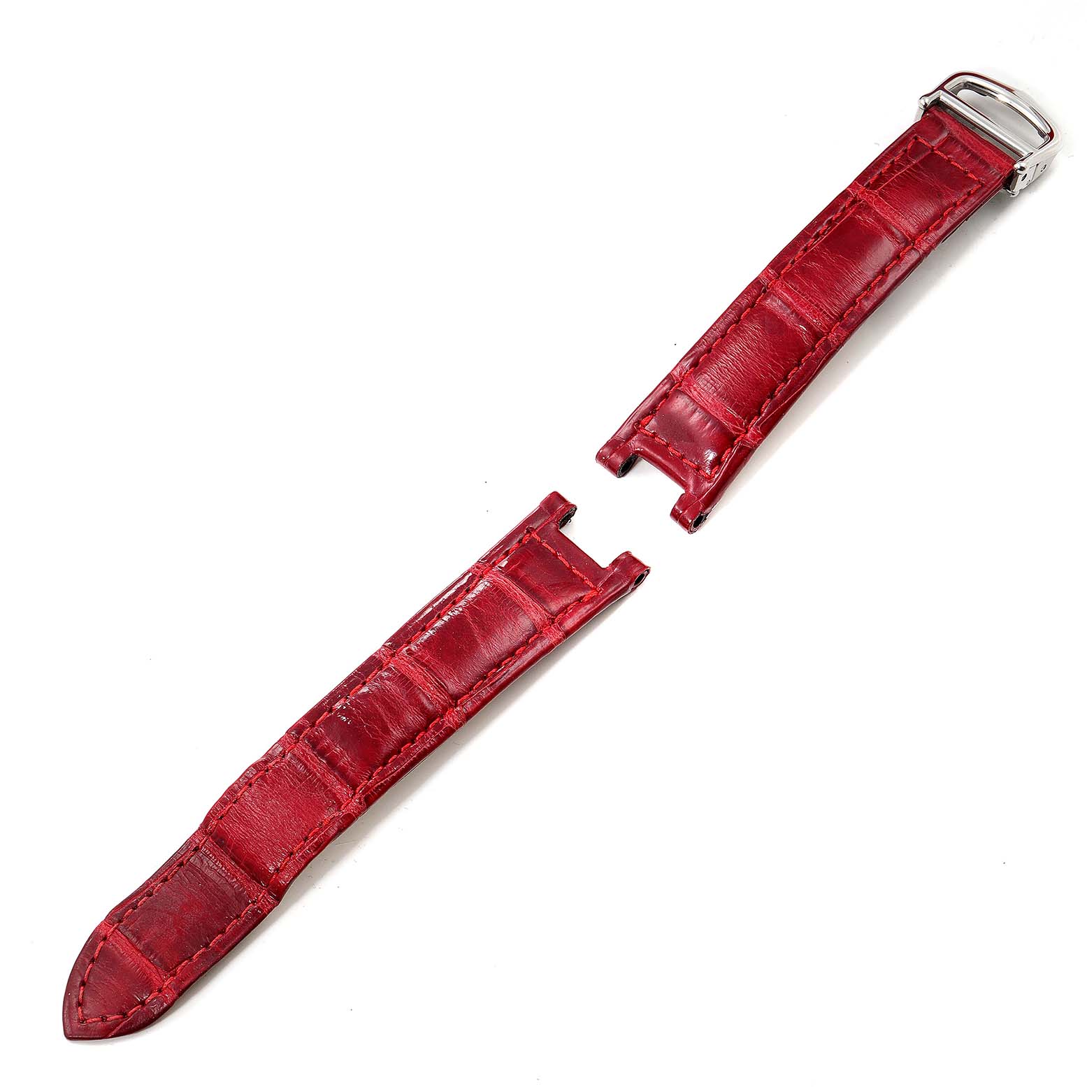 This image shows separated red leather straps for the Cartier Pasha W31075M7 Women's Stainless Steel Pink Dial W31075M7 Women's Stainless Steel Pink Dial model watch, viewed from above.