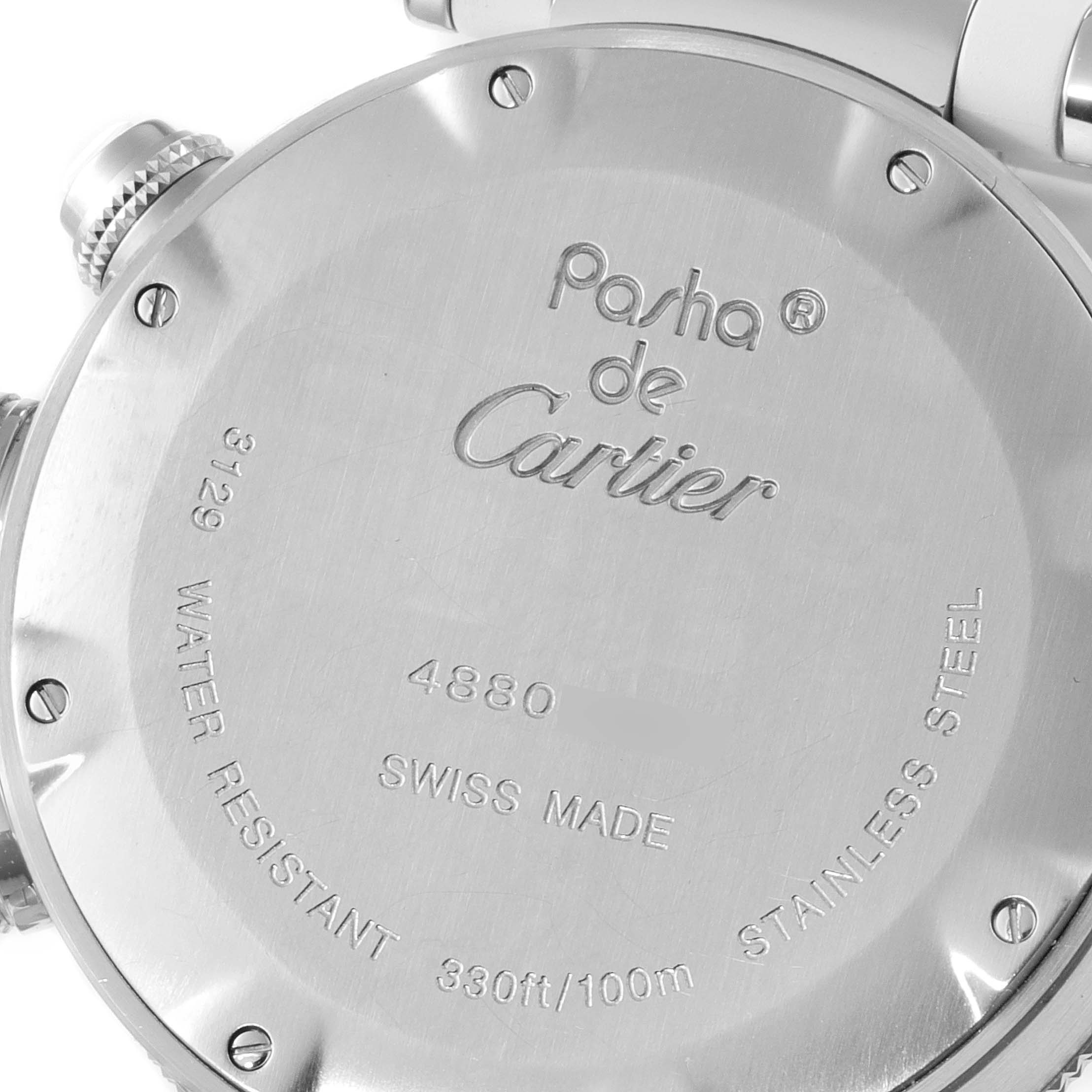 This image shows the back case of the Pasha de Cartier watch, highlighting its water resistance and stainless steel material.