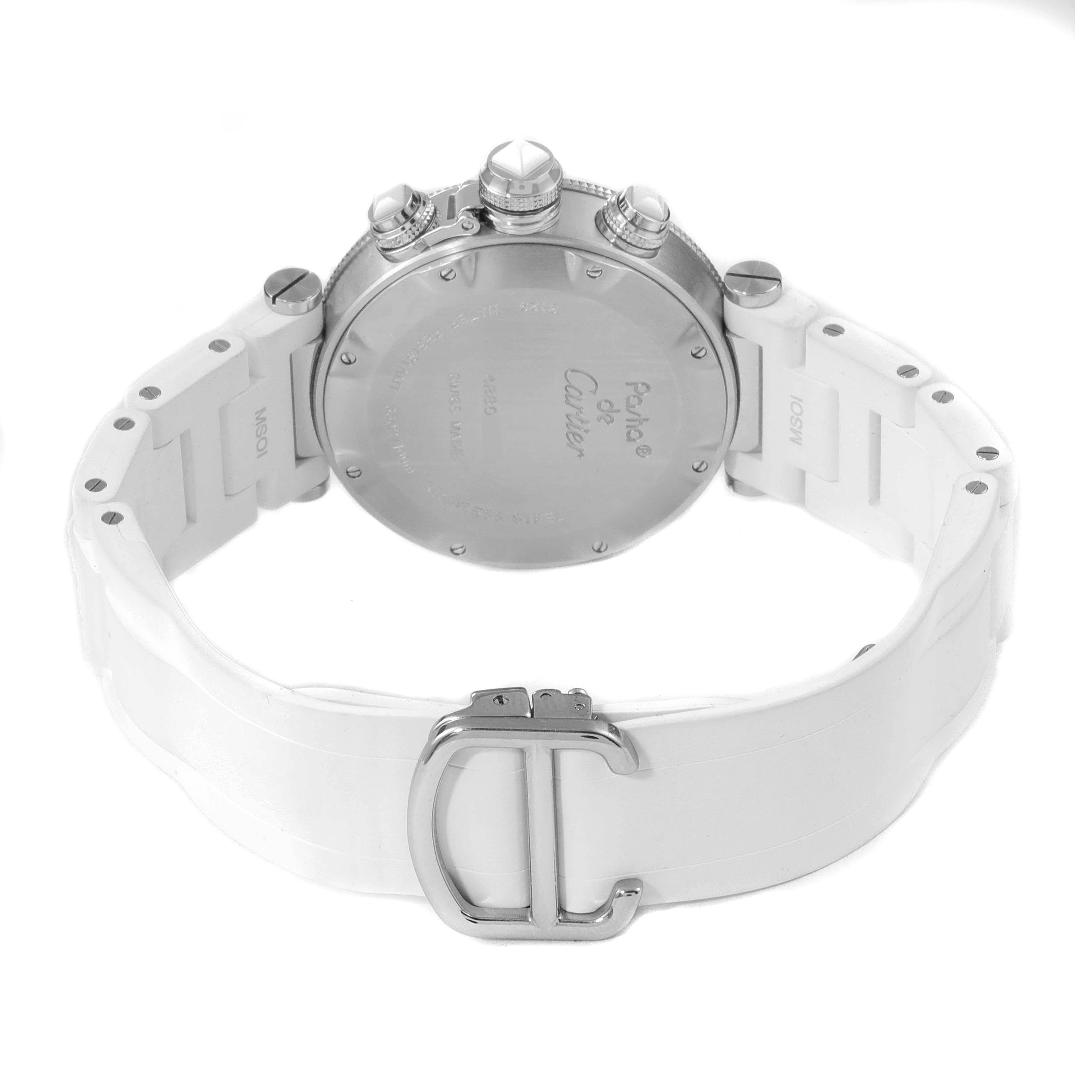 The image shows the back view of a white-strapped Cartier Pasha W3140005 Women's Stainless Steel White Dial W3140005 Women's Stainless Steel White Dial watch, including the case back and buckle.