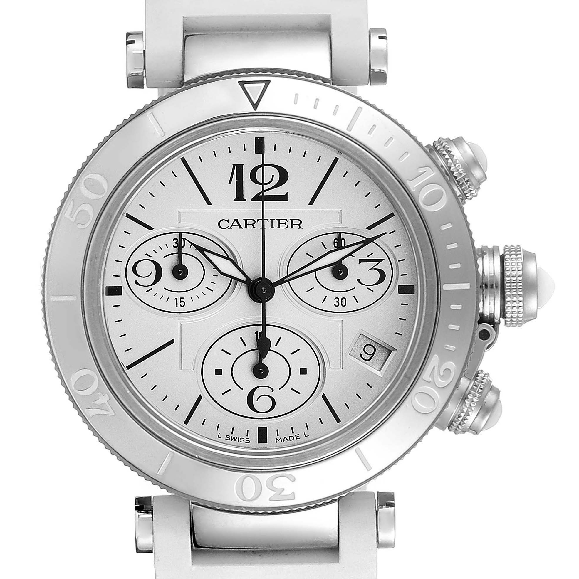 This is a front view of a Cartier Pasha W3140005 Women's Stainless Steel White Dial W3140005 Women's Stainless Steel White Dial watch showing the dial, chronograph subdials, and crown details.