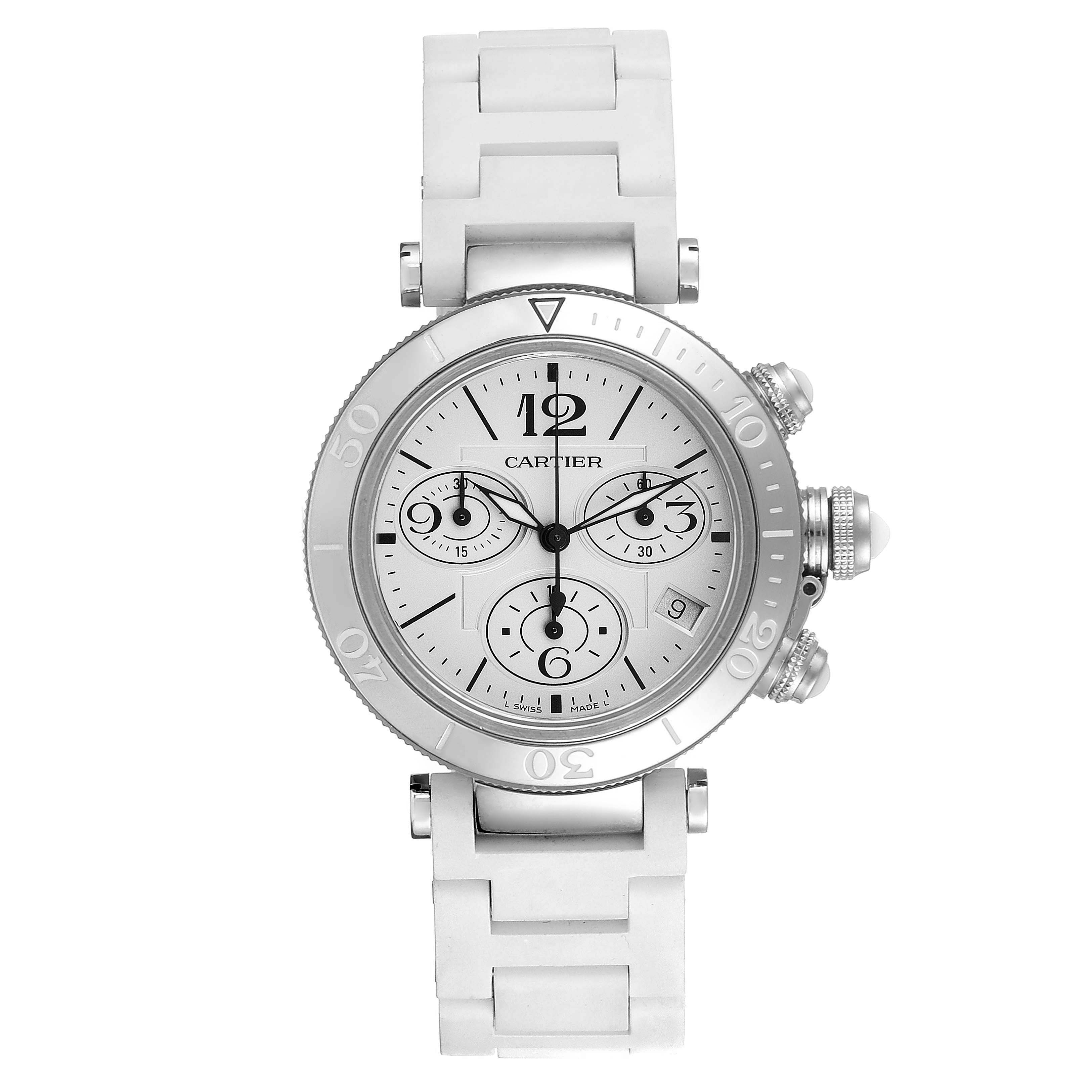 The image shows a front view of a Cartier Pasha W3140005 Women's Stainless Steel White Dial W3140005 Women's Stainless Steel White Dial watch, displaying its face, bezel, and band.