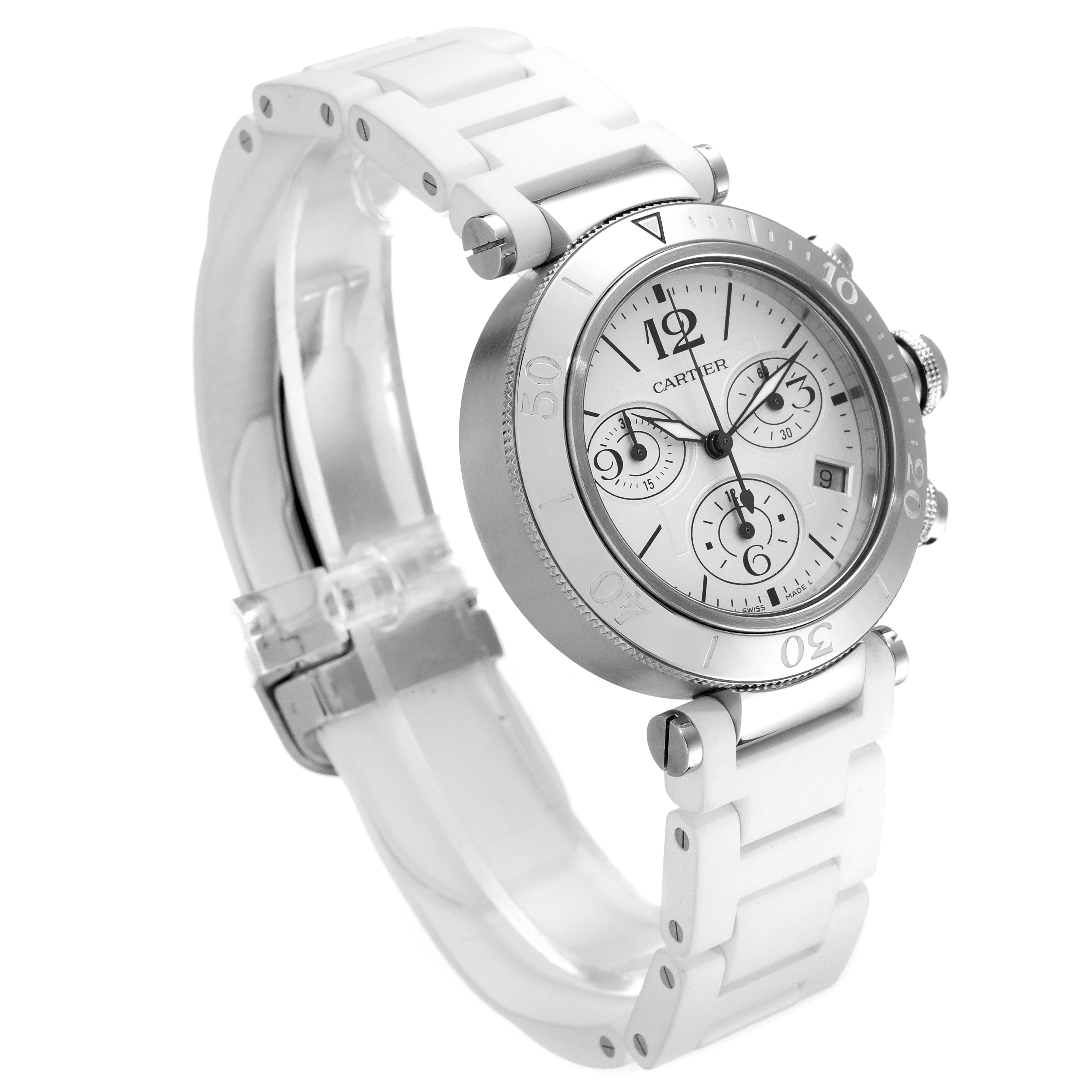The image shows a side angle view of a Cartier Pasha W3140005 Women's Stainless Steel White Dial W3140005 Women's Stainless Steel White Dial watch, highlighting its white band and round face with chronograph dials.
