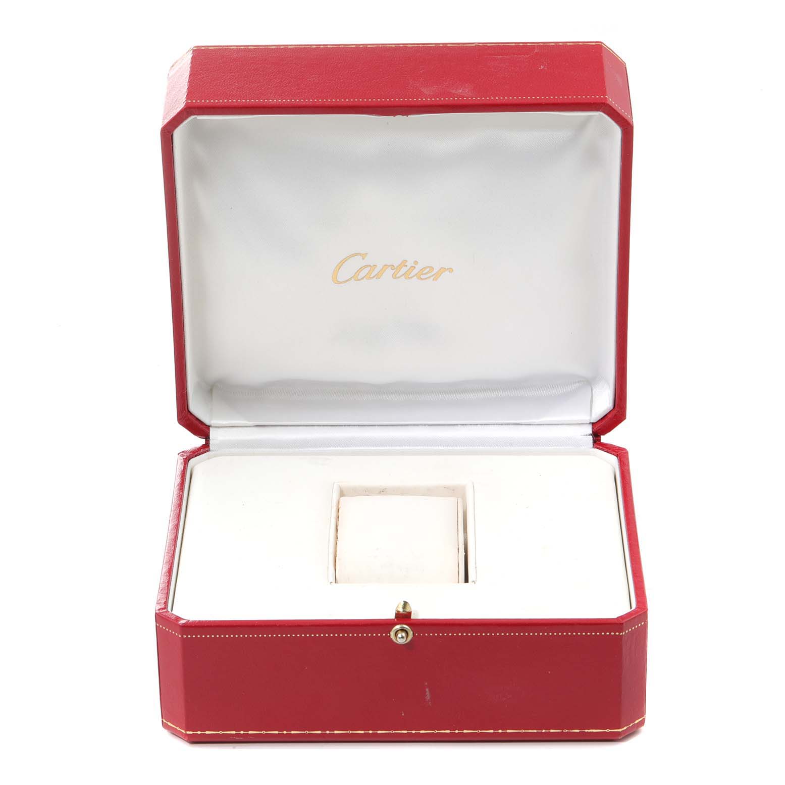 This image shows an open red Cartier box with an empty slot for the Pasha model watch.
