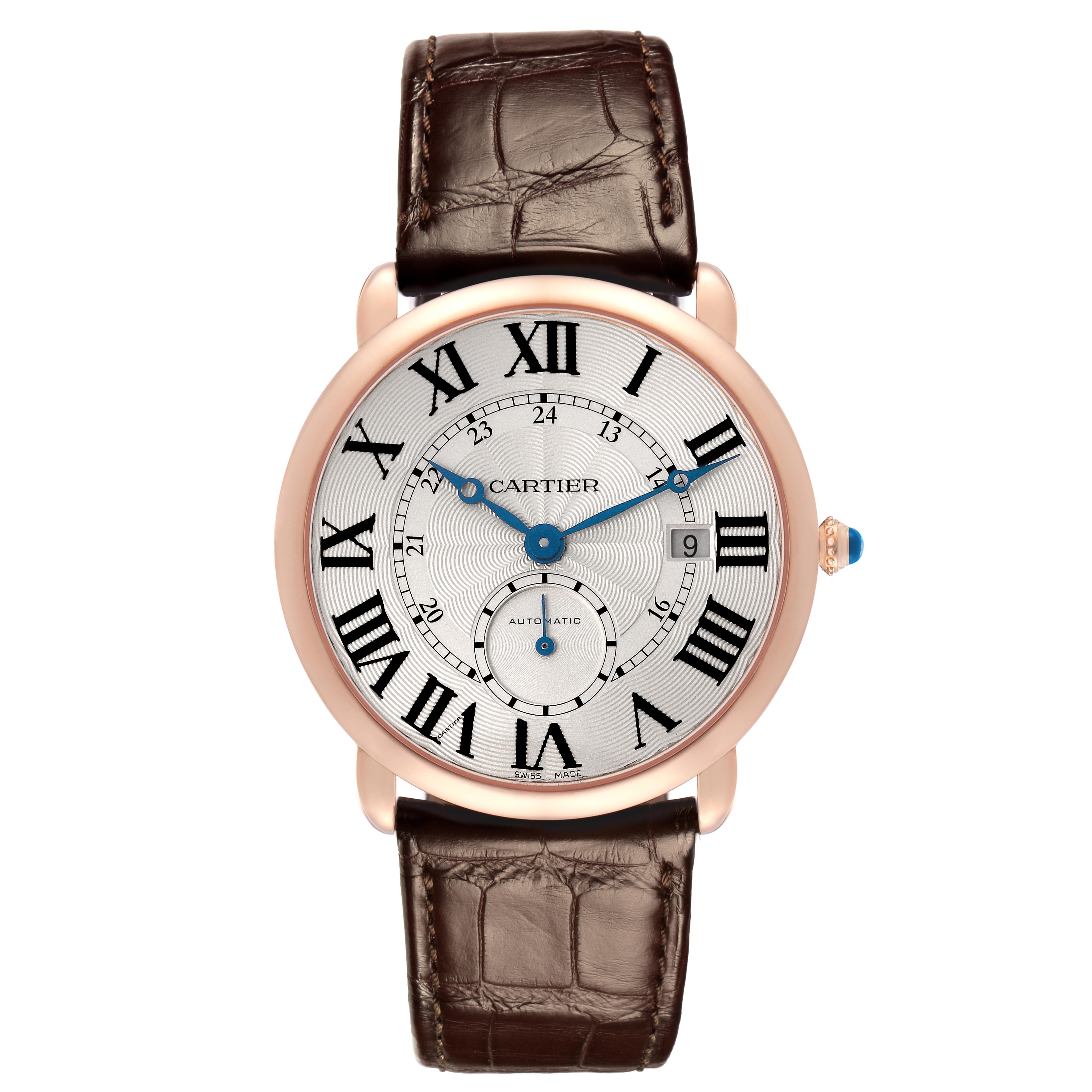 The Cartier Ronde W6801005 Men
s Rose Gold Silver Dial W6801005 Men
s Rose Gold Silver Dial watch is shown from a top view, displaying the dial, case, crown, and leather strap.