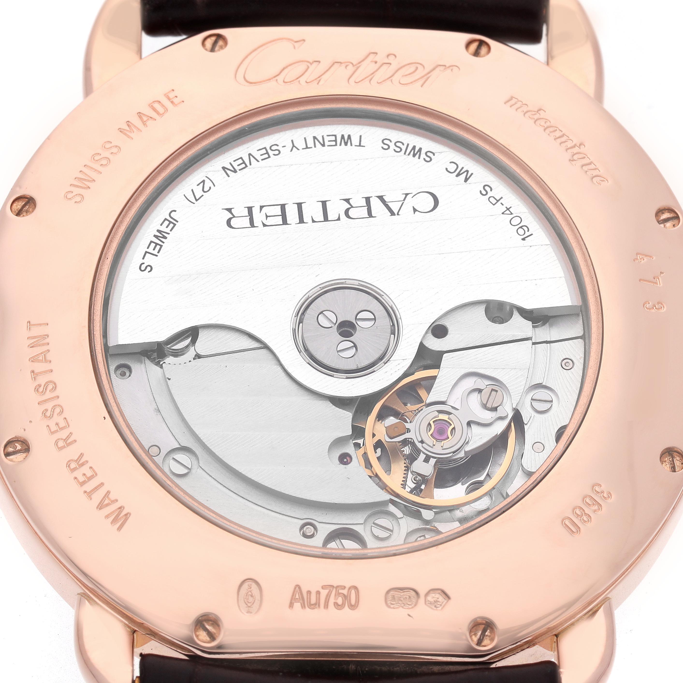 The image shows the back of the Cartier Ronde W6801005 Men
s Rose Gold Silver Dial W6801005 Men
s Rose Gold Silver Dial watch, highlighting the movement and engravings.