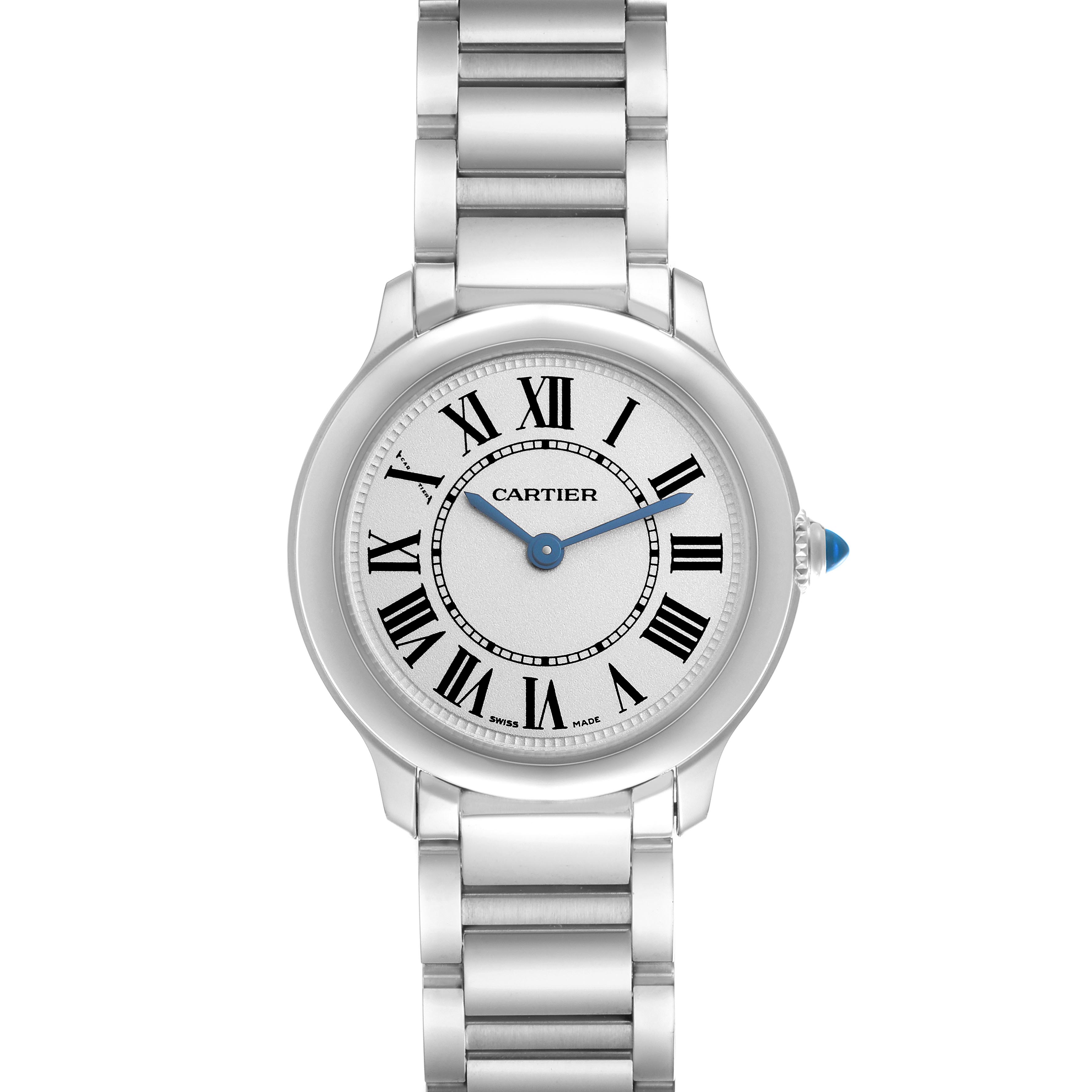 The Cartier Ronde WSRN0033 Women
s Stainless Steel Silver Dial WSRN0033 Women
s Stainless Steel Silver Dial watch is shown from a front angle, displaying the face, Roman numerals, hands, and bracelet.