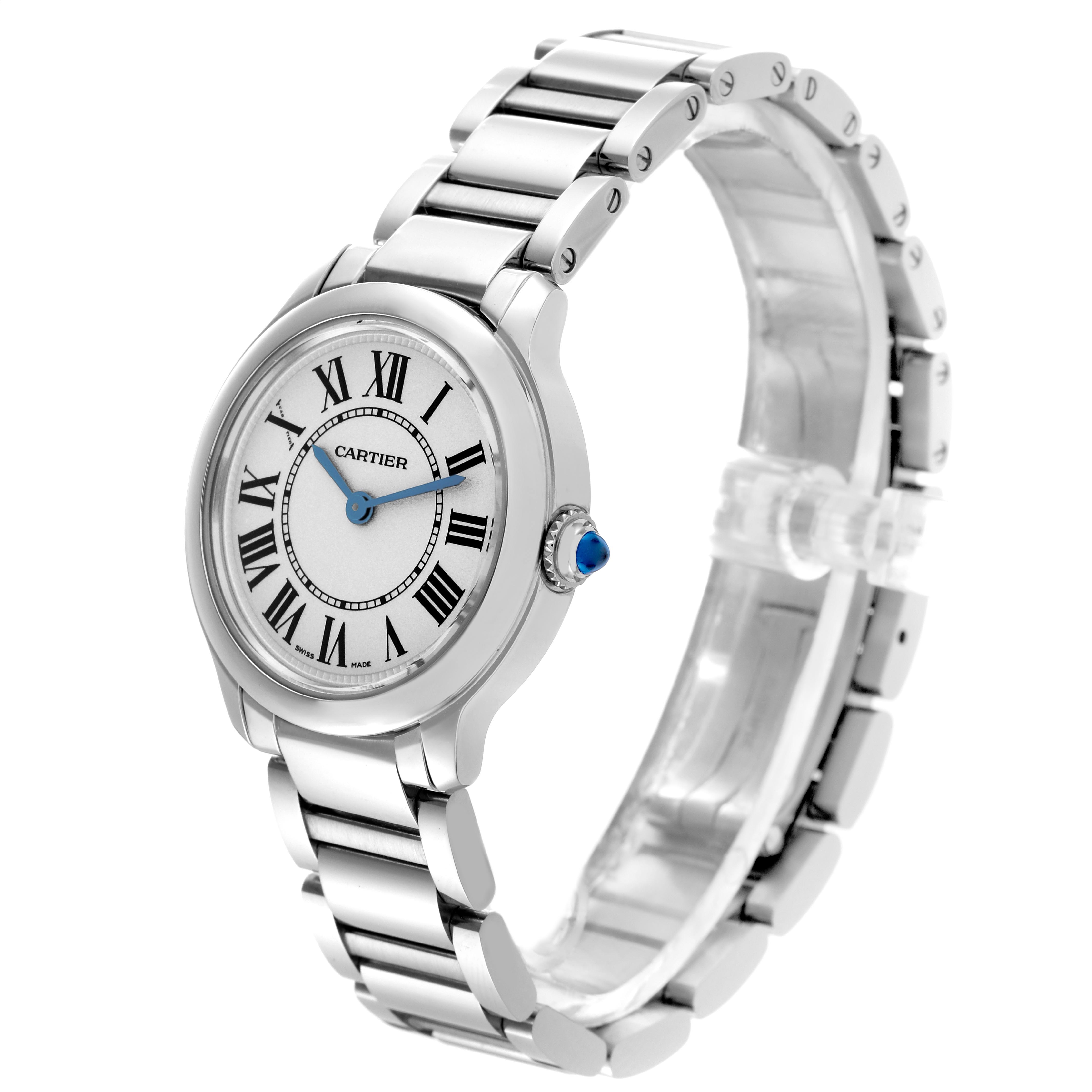 The Cartier Ronde WSRN0033 Women
s Stainless Steel Silver Dial WSRN0033 Women
s Stainless Steel Silver Dial watch is shown at a three-quarter angle, displaying the face, bezel, bracelet, and crown with blue cabochon.