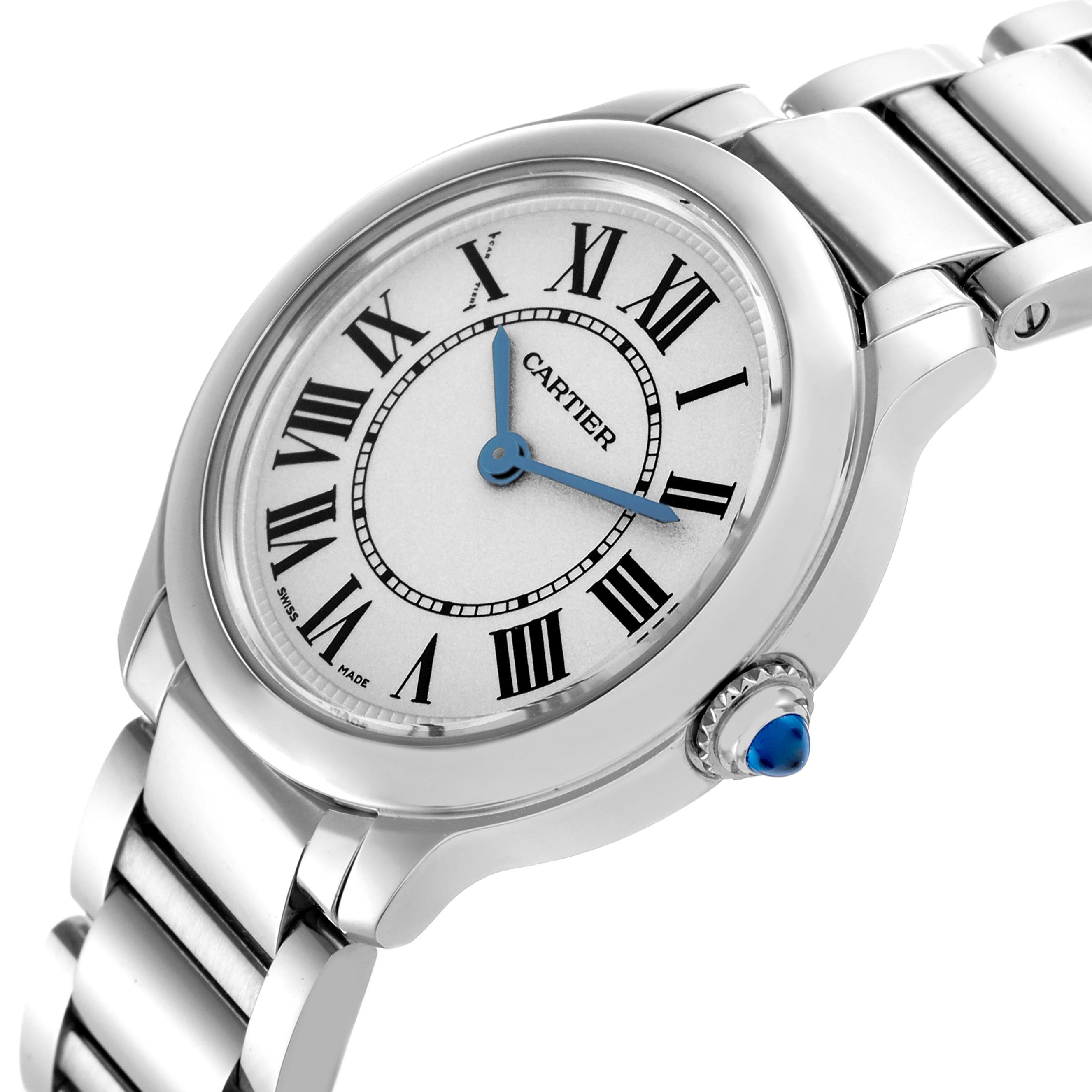 The Cartier Ronde WSRN0033 Women
s Stainless Steel Silver Dial WSRN0033 Women
s Stainless Steel Silver Dial watch is shown at an angled side view, highlighting the dial, Roman numerals, bracelet, crown, and detailing.