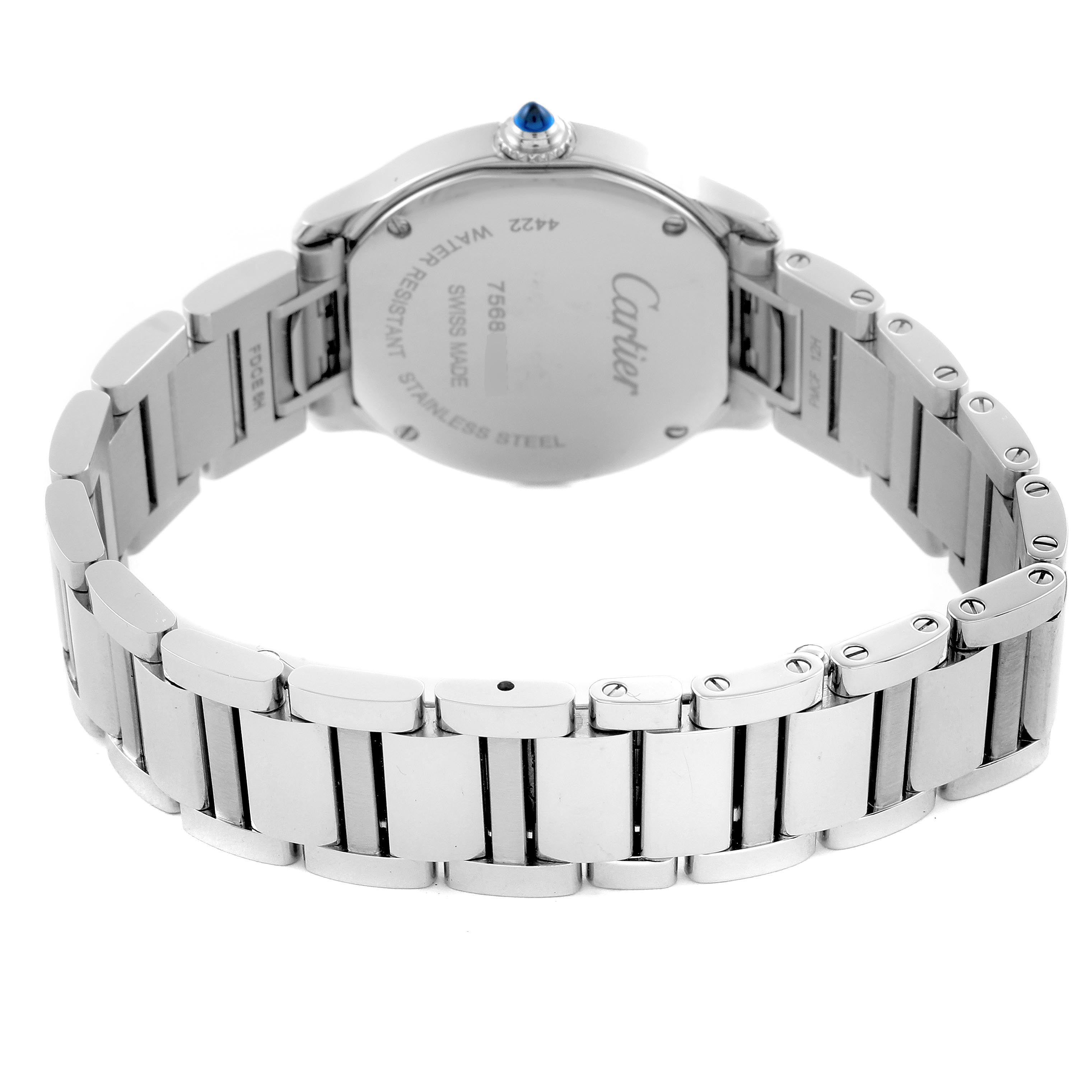 The image shows the back view of the Cartier Ronde WSRN0033 Women
s Stainless Steel Silver Dial WSRN0033 Women
s Stainless Steel Silver Dial watch, highlighting the case back and metal bracelet.