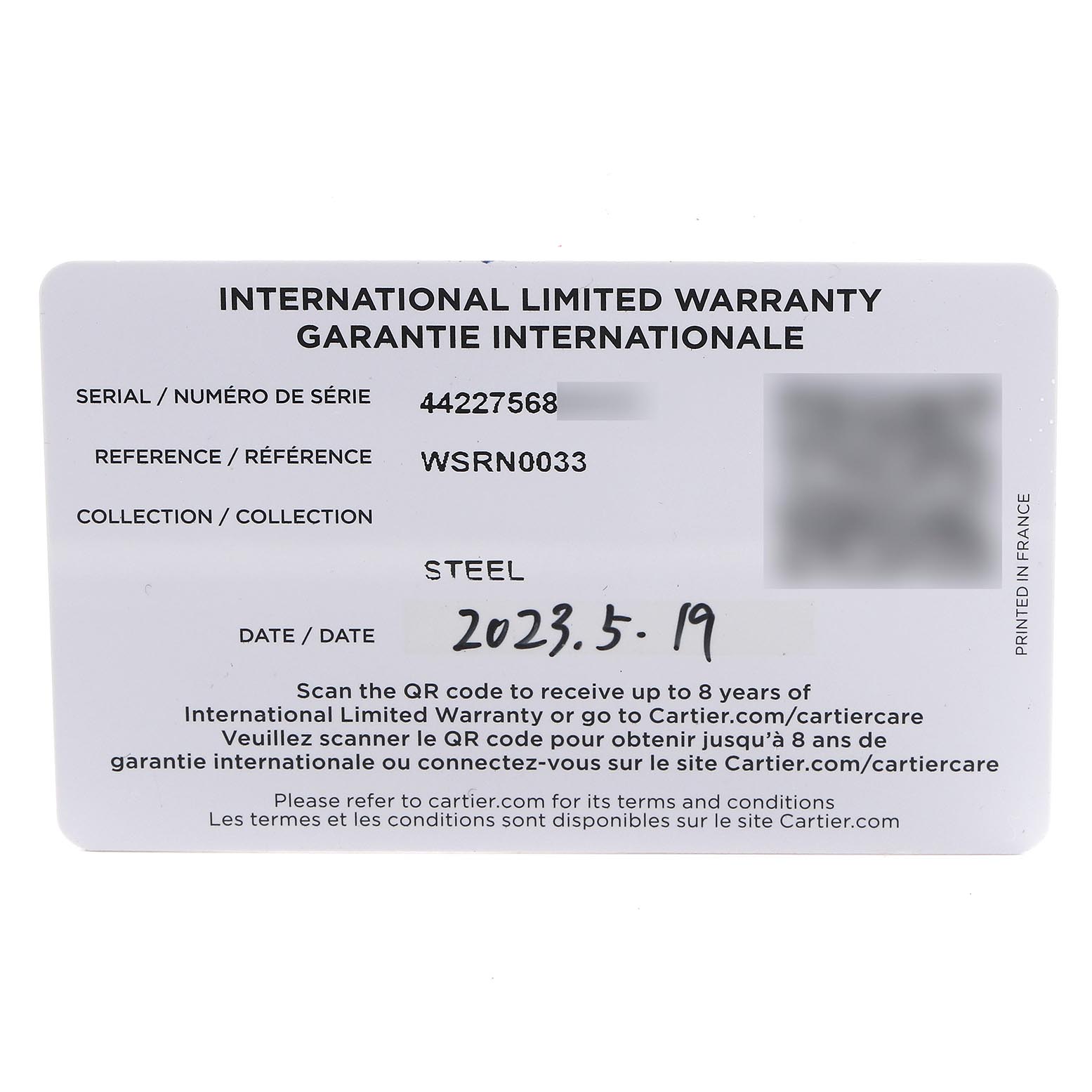The image shows an International Limited Warranty card for a Cartier Ronde WSRN0033 Women
s Stainless Steel Silver Dial WSRN0033 Women
s Stainless Steel Silver Dial watch, displaying serial, reference, and date details.