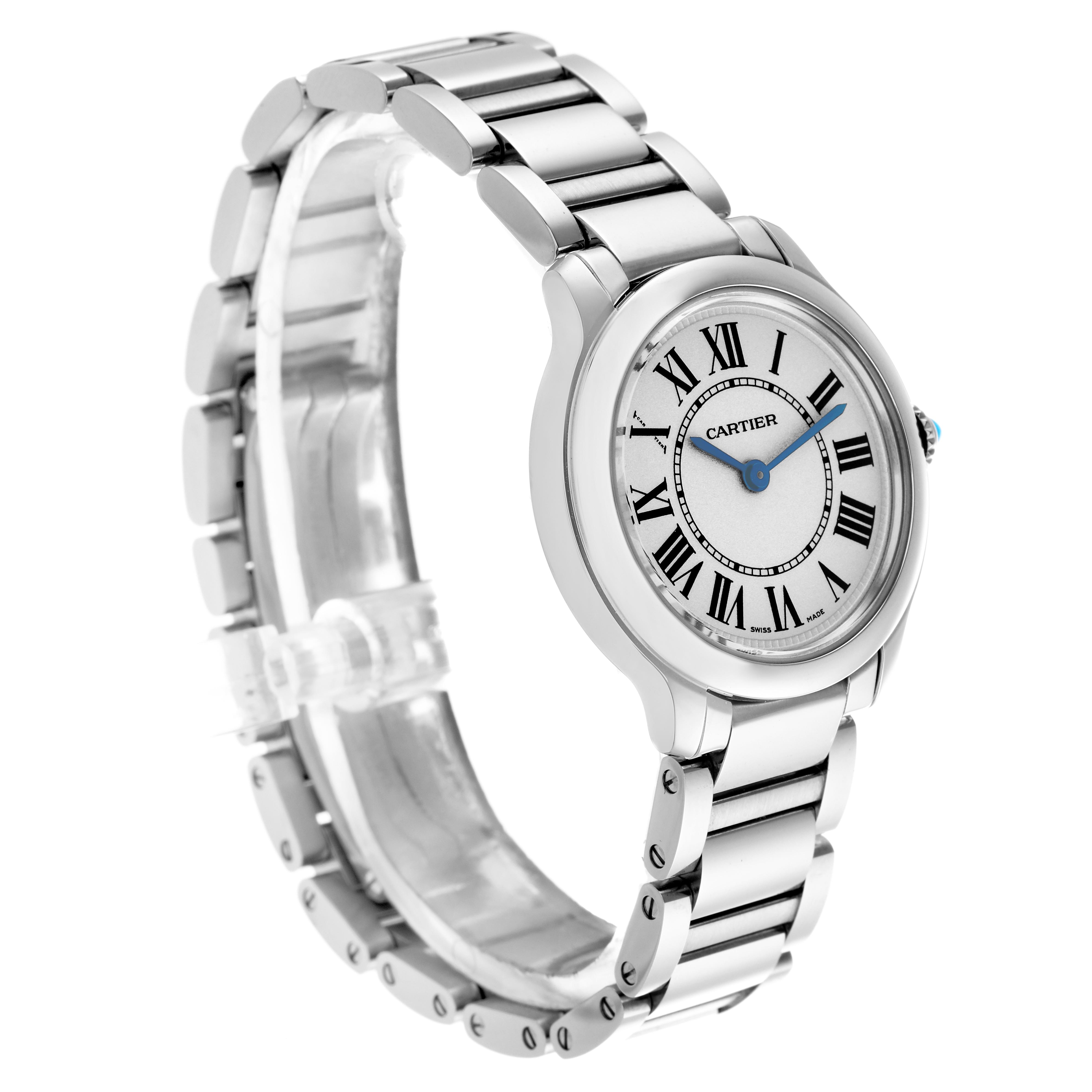 The Cartier Ronde WSRN0033 Women
s Stainless Steel Silver Dial WSRN0033 Women
s Stainless Steel Silver Dial watch is shown at a three-quarter angle, displaying the face, bracelet, case, and crown clearly.