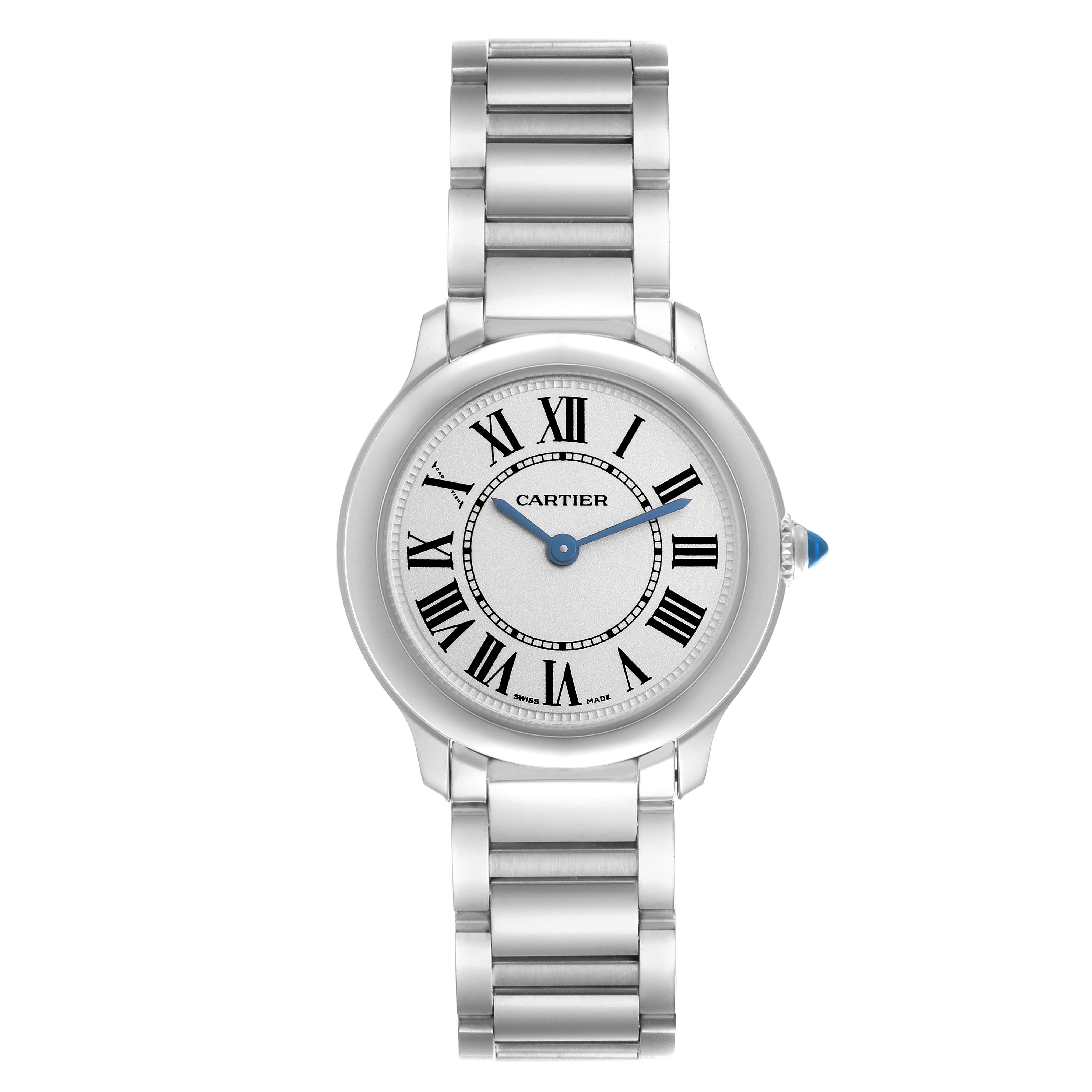 The Cartier Ronde WSRN0033 Women
s Stainless Steel Silver Dial WSRN0033 Women
s Stainless Steel Silver Dial watch is shown in a front-facing angle, displaying its round face, Roman numerals, and metal bracelet.