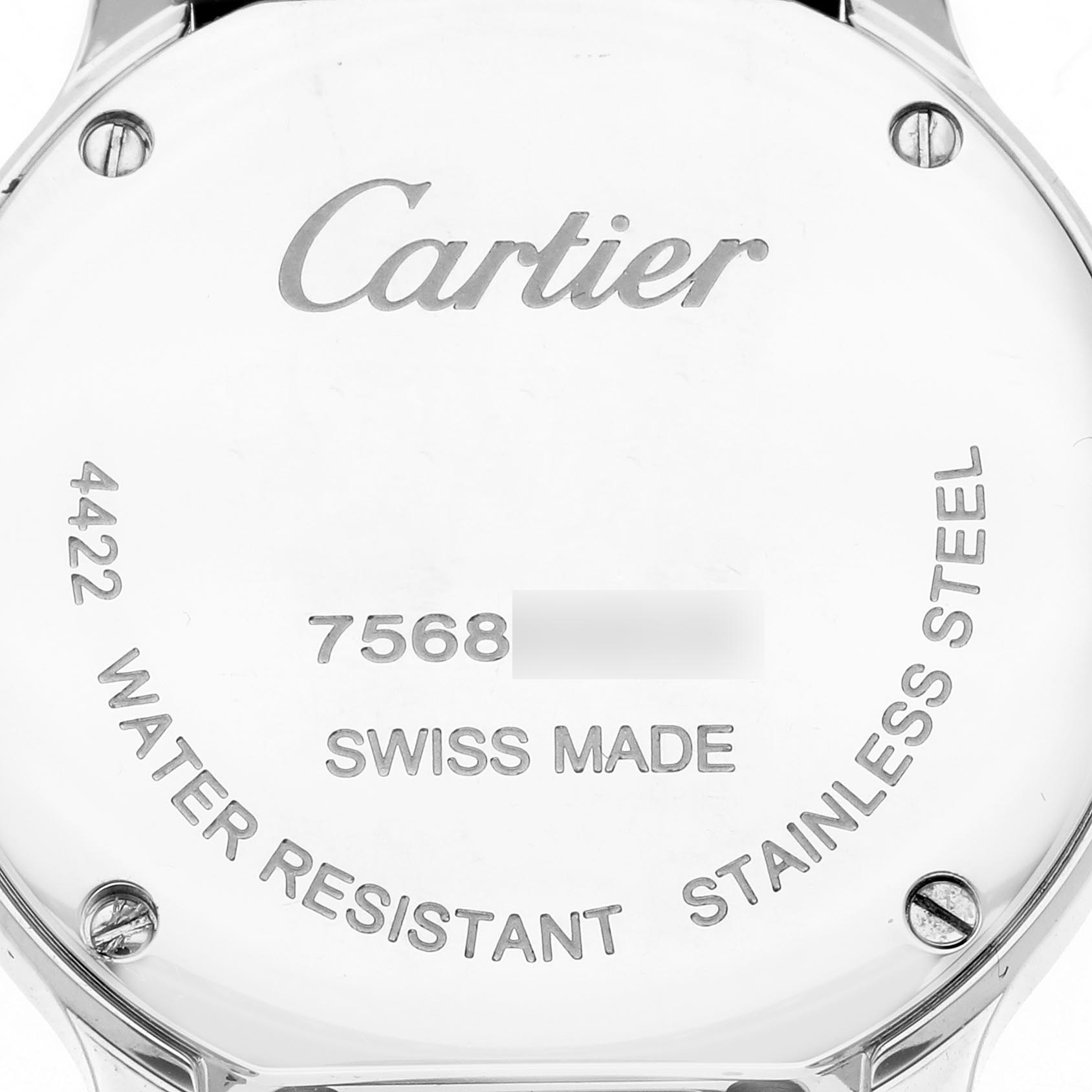 The image shows the back case of a Cartier Ronde WSRN0033 Women
s Stainless Steel Silver Dial WSRN0033 Women
s Stainless Steel Silver Dial watch, highlighting its stainless steel, water resistance, and Swiss origin.