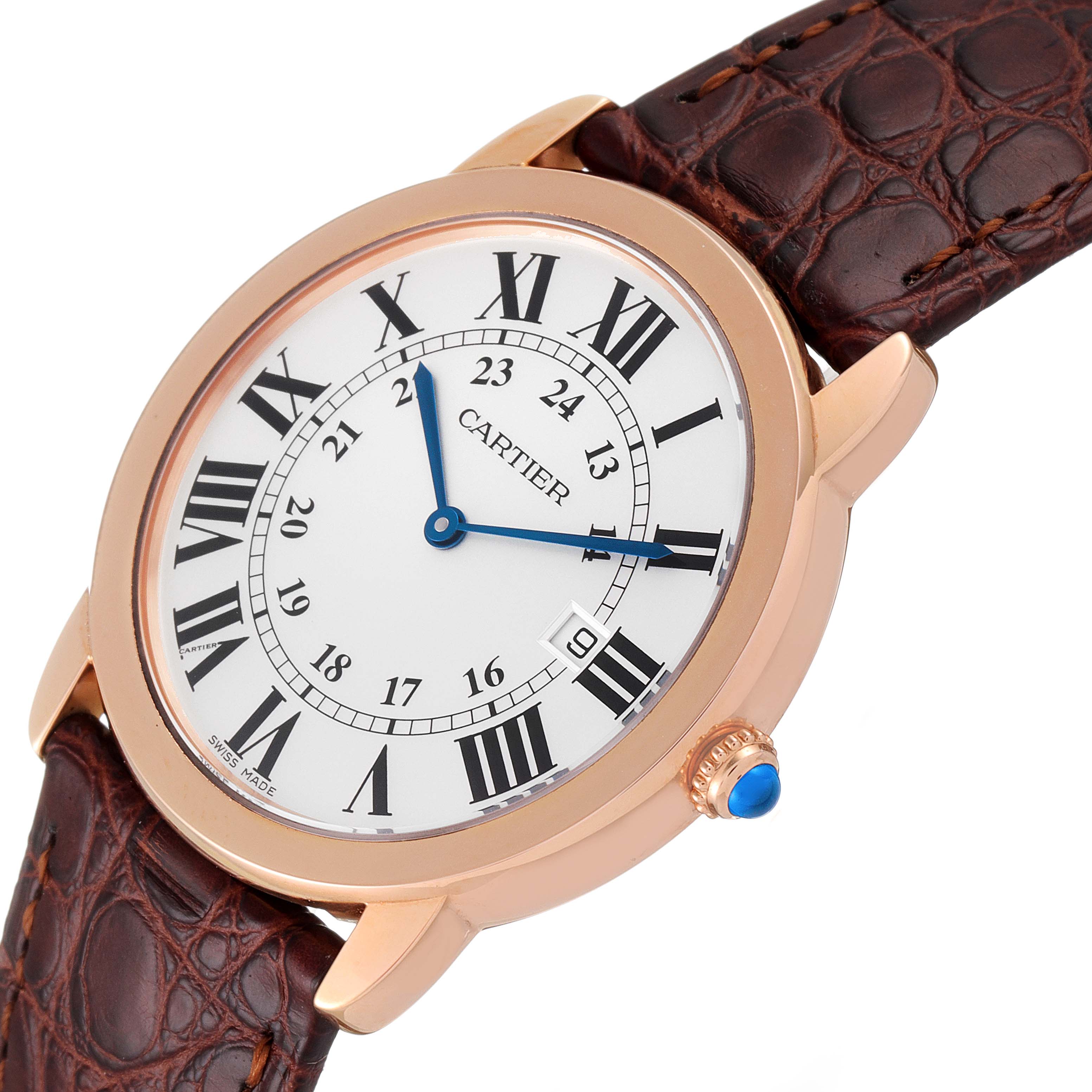 The image shows a close-up angle of a Cartier Ronde W6701008 Men's Rose Gold Silver Dial W6701008 Men's Rose Gold Silver Dial watch, highlighting its face, crown, and leather strap.