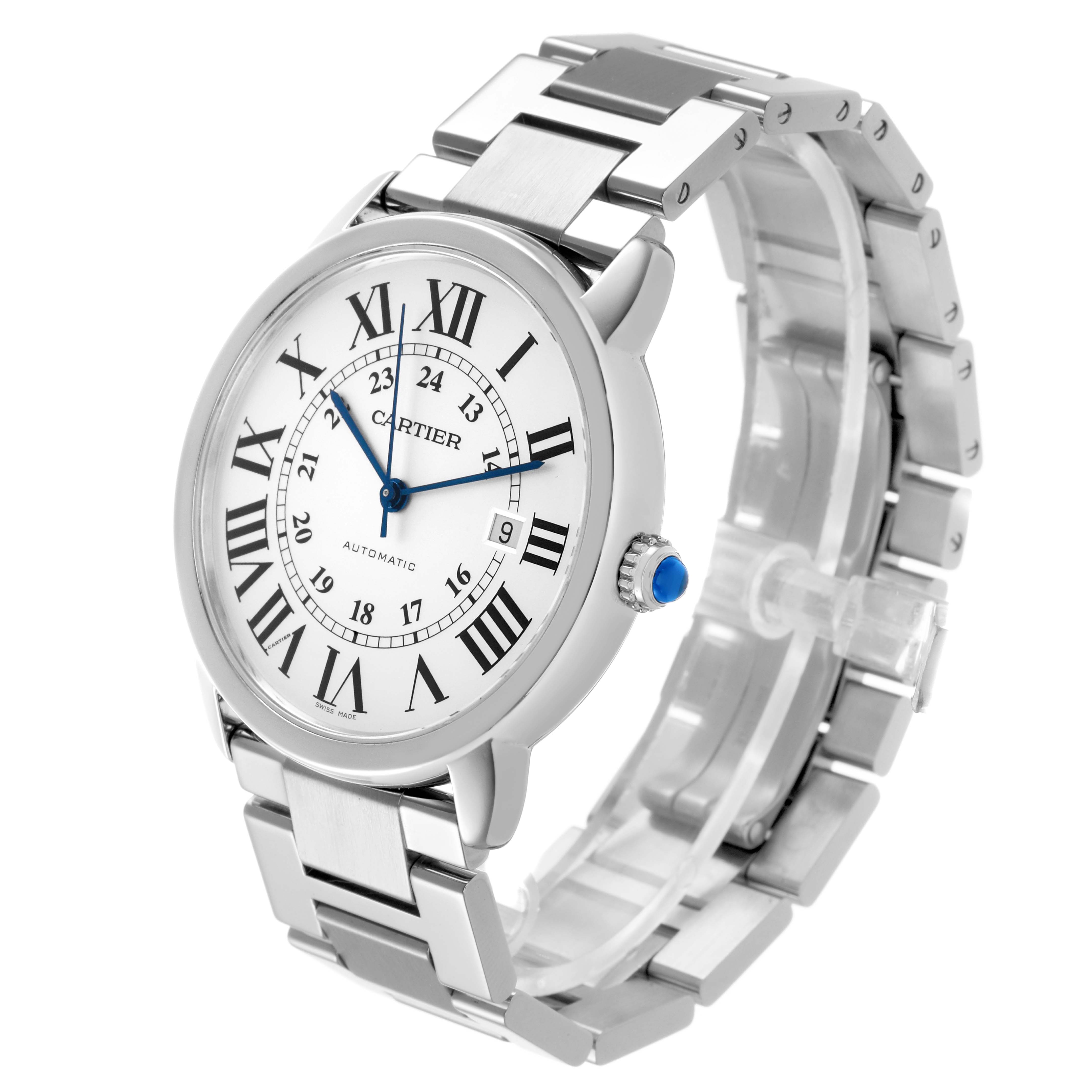 The Cartier Ronde W6701011 Men's Stainless Steel Silver Dial watch is shown at an angle highlighting its dial, bezel, crown, and metal bracelet.