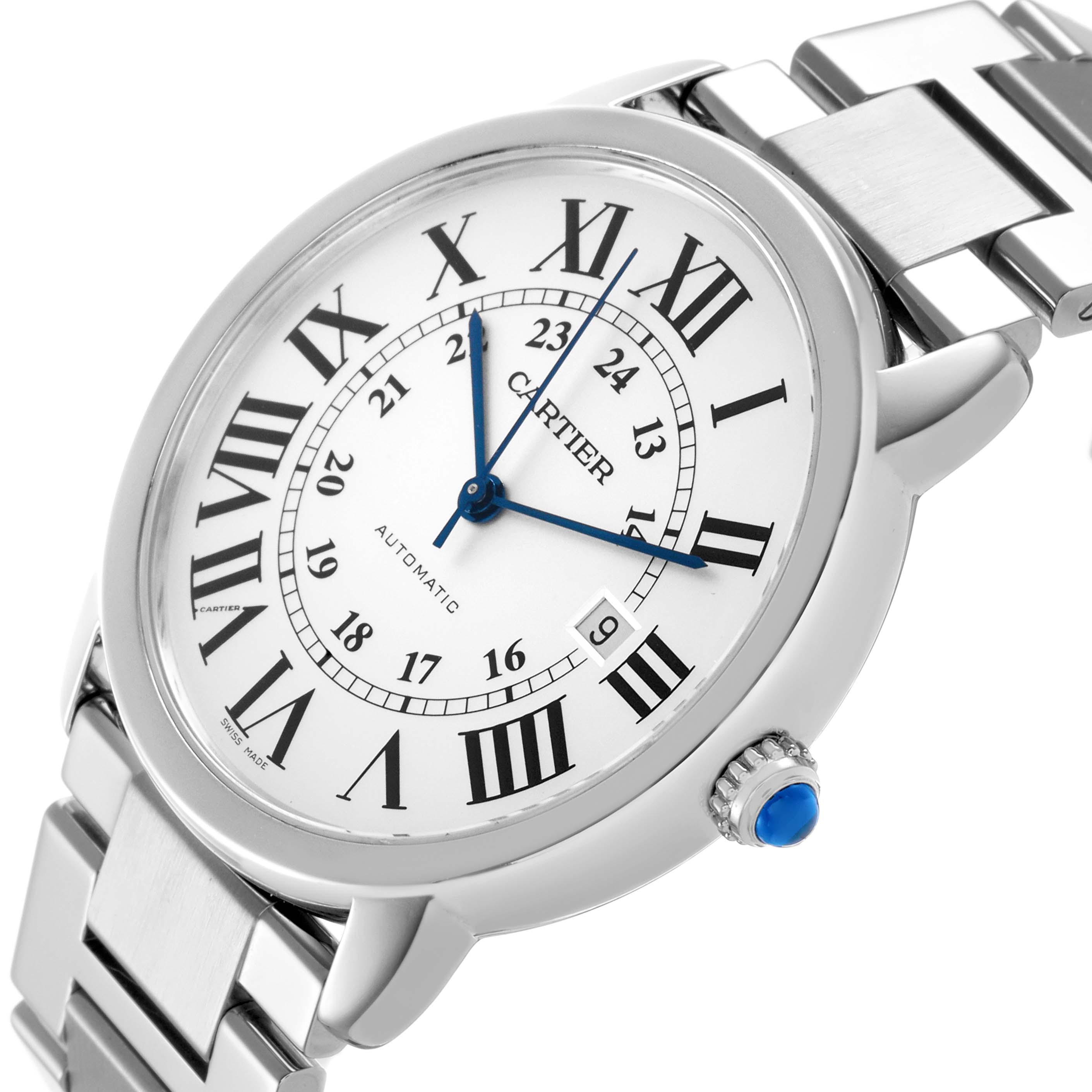 The Cartier Ronde W6701011 Men's Stainless Steel Silver Dial watch is shown at an angled view, highlighting the face, Roman numerals, crown, and part of the bracelet.