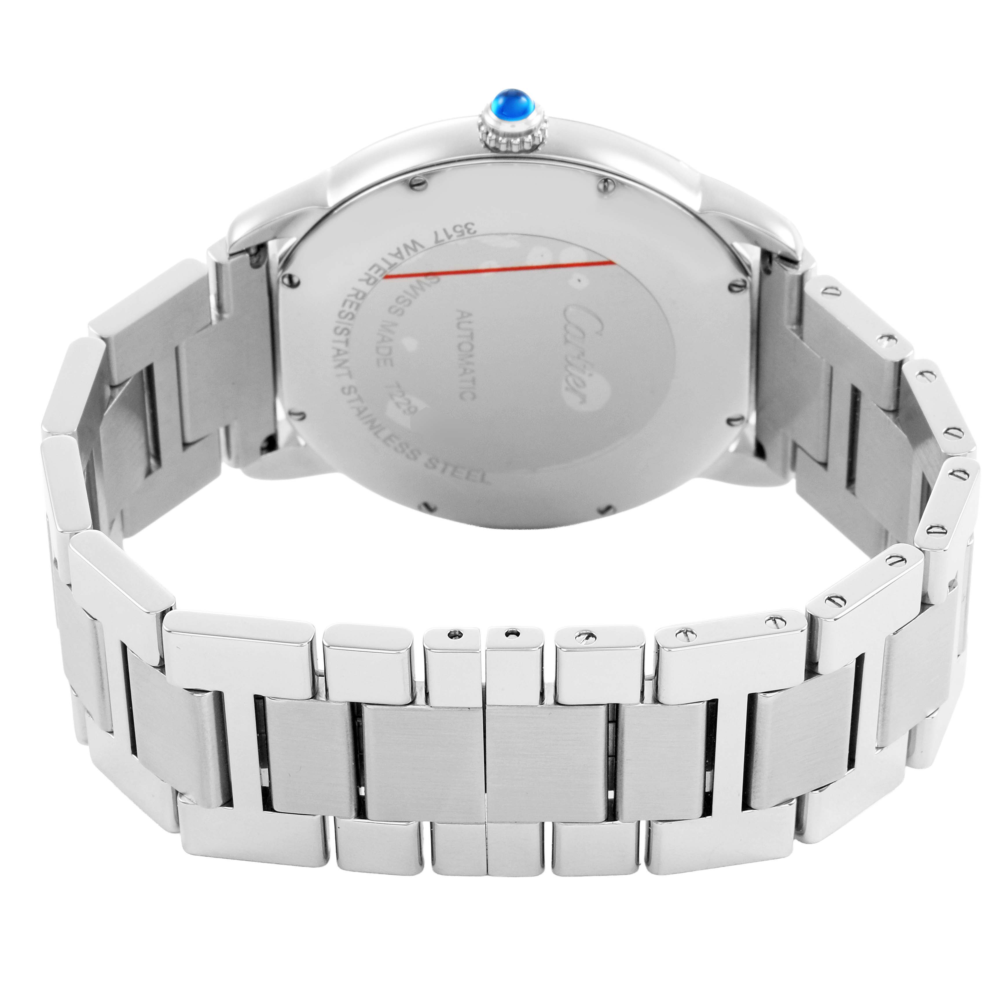The Cartier Ronde W6701011 Men's Stainless Steel Silver Dial watch is shown from the back, highlighting the case back, crown, and part of the metal bracelet.