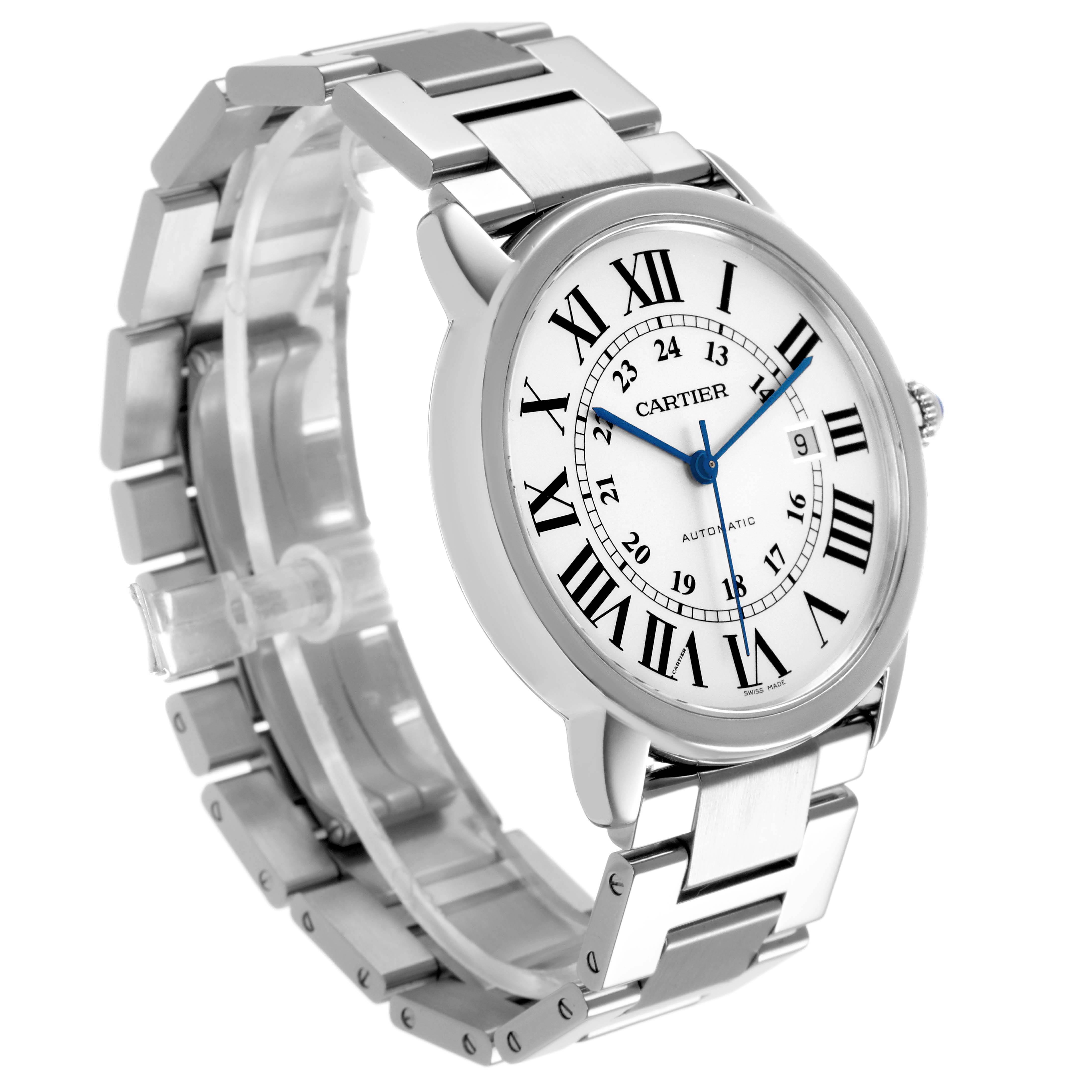 The Cartier Ronde W6701011 Men's Stainless Steel Silver Dial model is shown at a slight angle, highlighting the watch face, case, and bracelet.