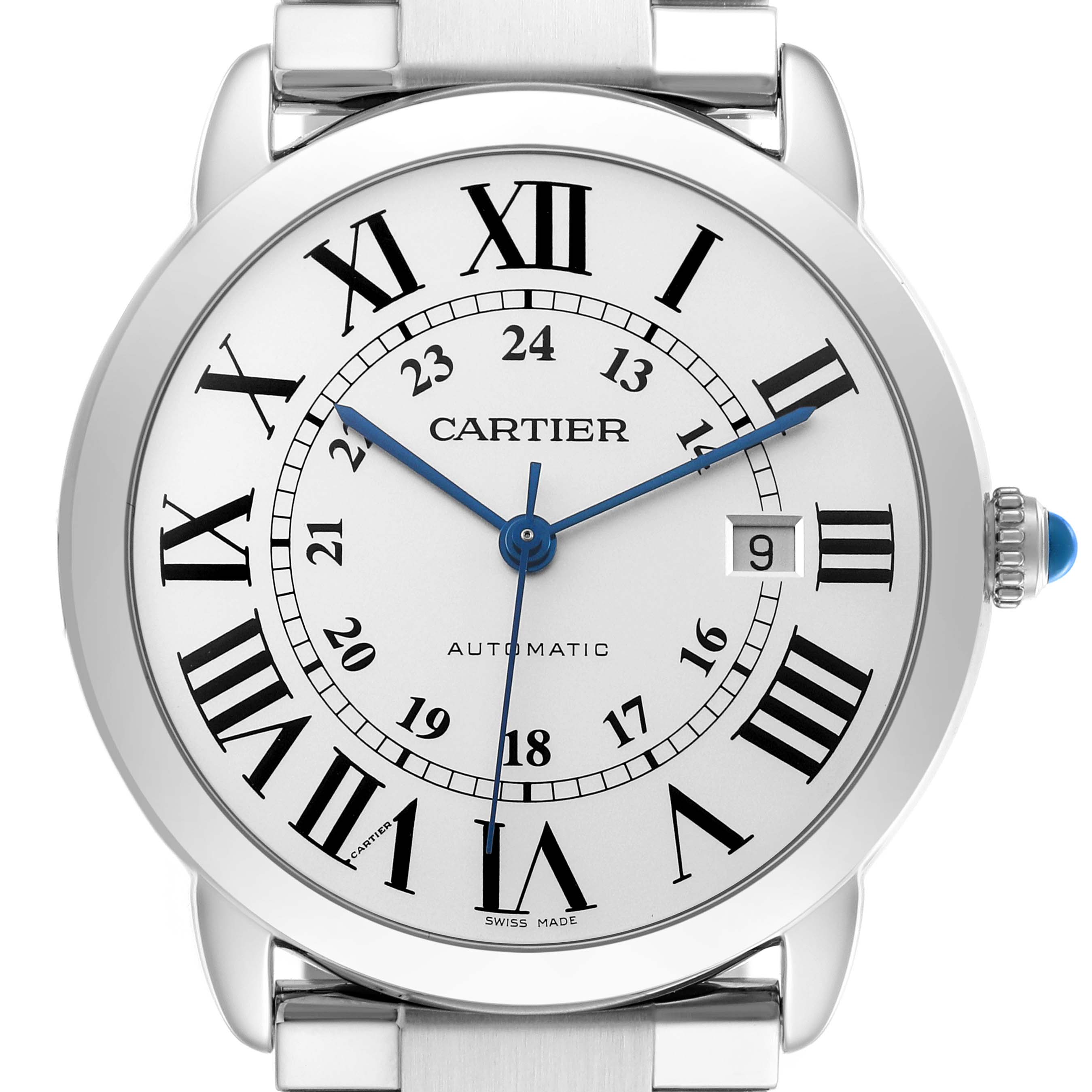 The Cartier Ronde W6701011 Men's Stainless Steel Silver Dial watch is shown front-facing, highlighting its dial, bezel, Roman numerals, date window, and crown.