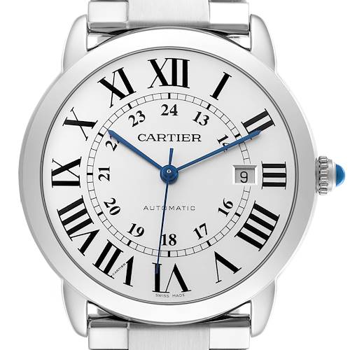 The Cartier Ronde W6701011 Mens Stainless Steel Silver Dial watch is shown head-on, highlighting the dial with Roman numerals and a date window.