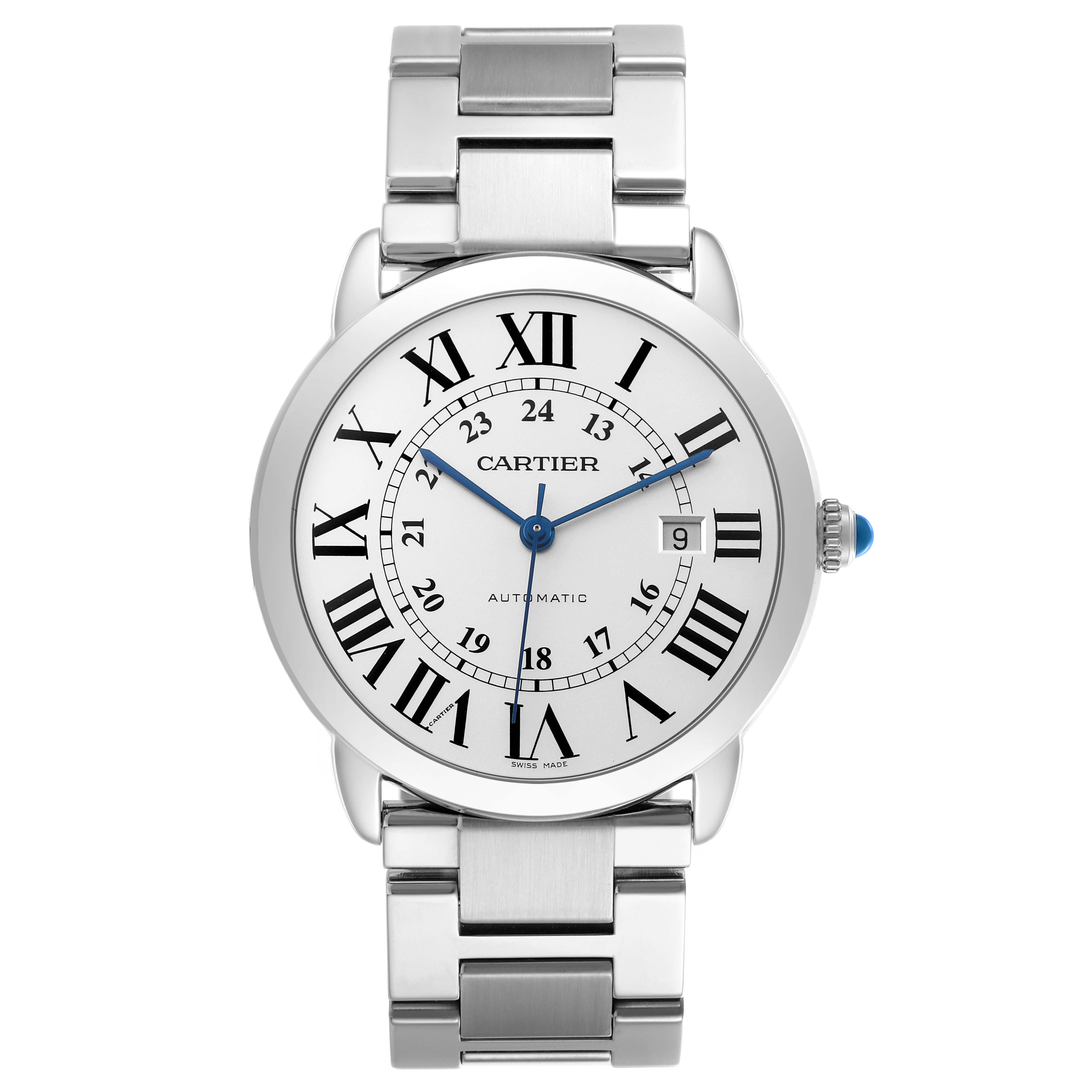 The Cartier Ronde W6701011 Men's Stainless Steel Silver Dial watch is shown from the front, displaying the dial, bracelet, and crown with a blue cabochon.