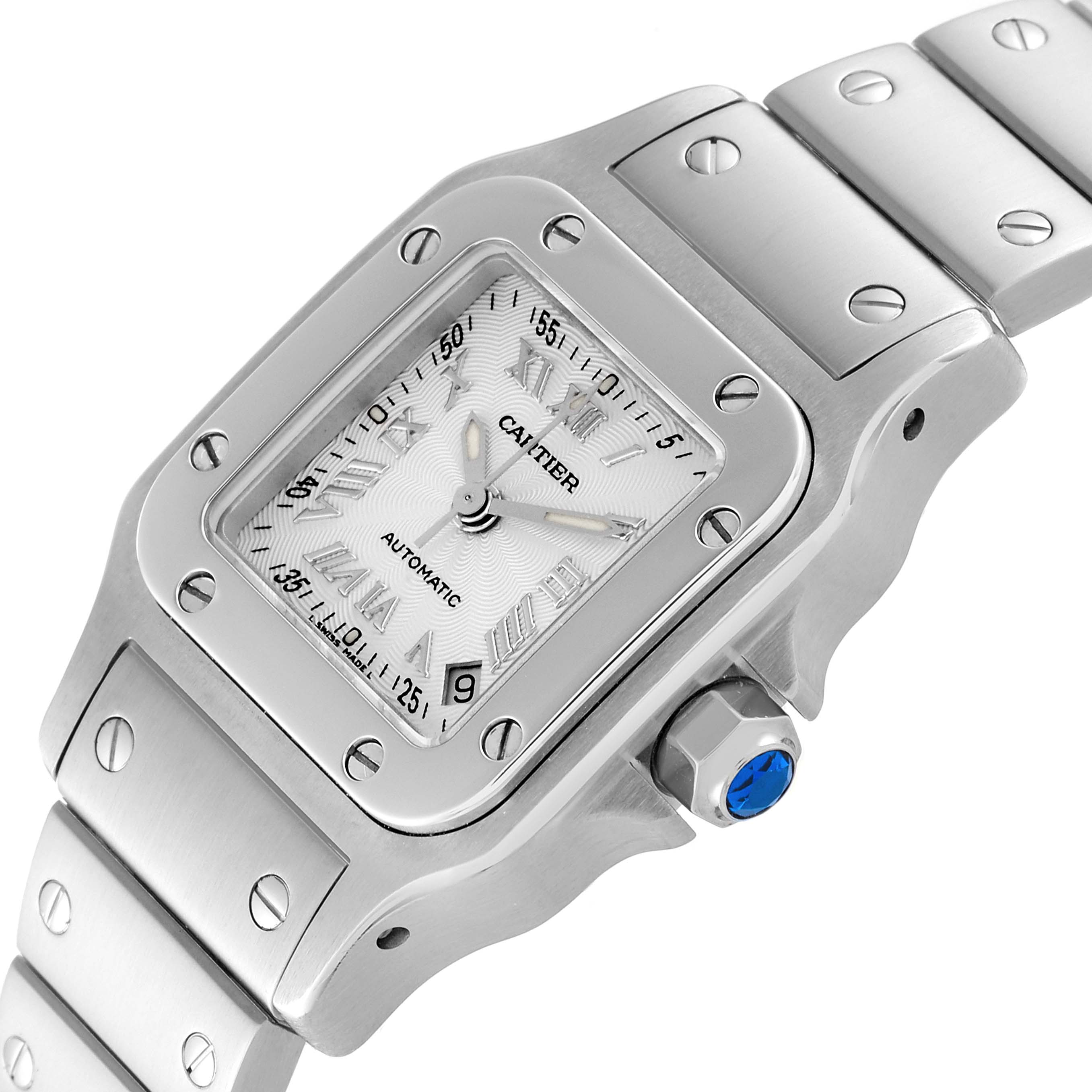 The image shows a Cartier Santos W20044D6 Women's Stainless Steel Silver Dial W20044D6 Women's Stainless Steel Silver Dial watch at an angled view, highlighting its face, bezel, and part of the bracelet.