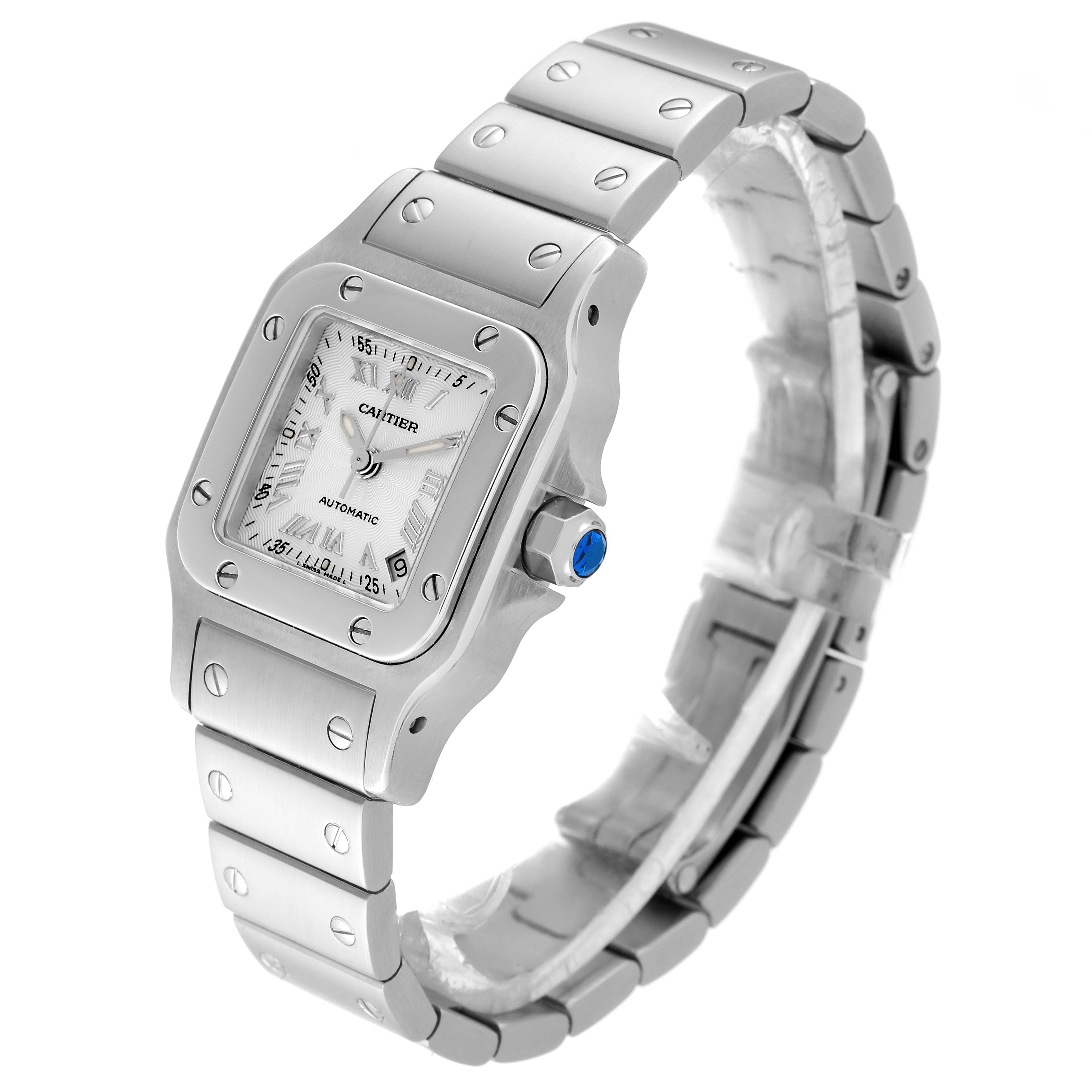 The Cartier Santos W20044D6 Women's Stainless Steel Silver Dial W20044D6 Women's Stainless Steel Silver Dial watch is shown at a three-quarter angle, displaying its face, bezel, bracelet, and crown.
