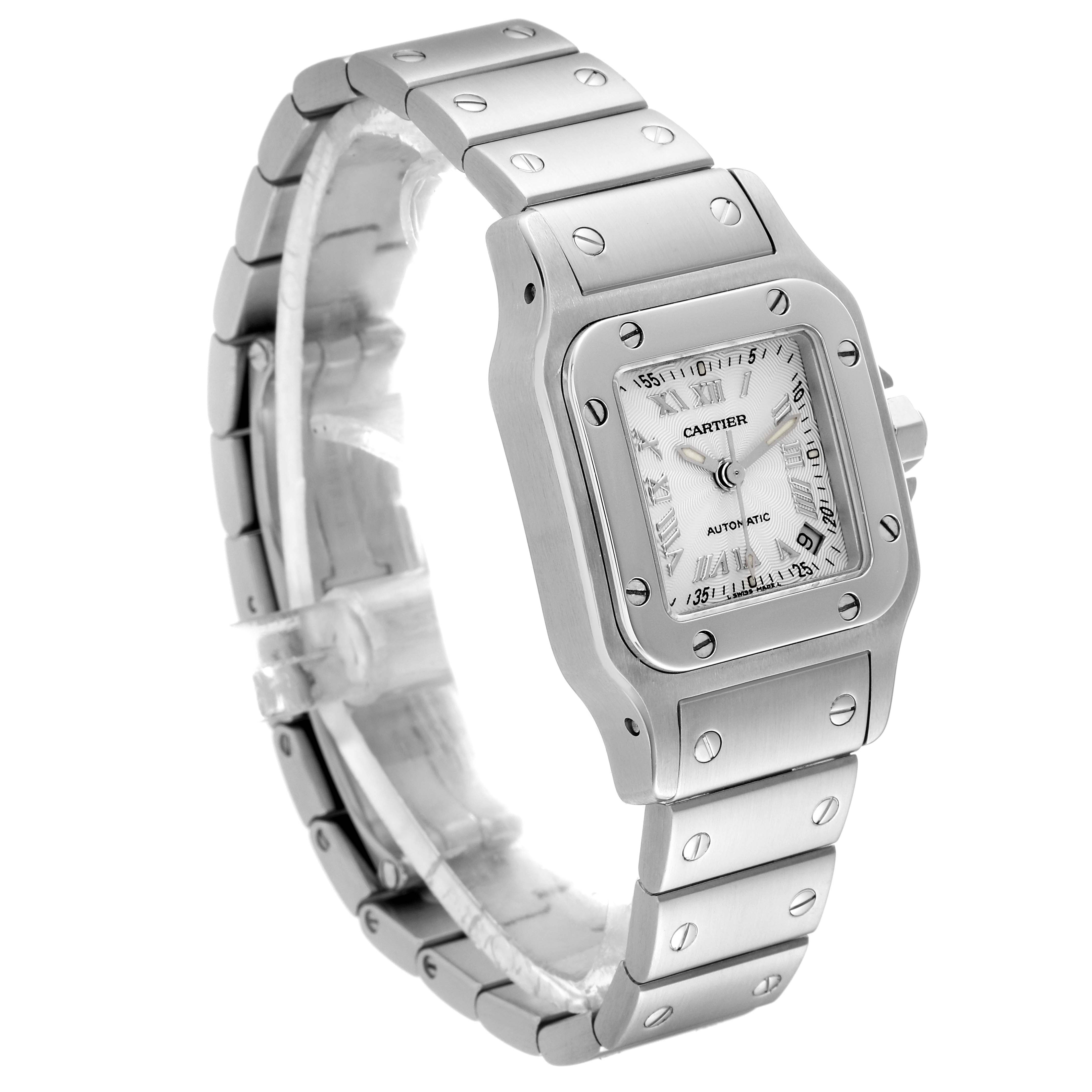 This image shows a Santos model watch by Cartier, angled to display the face, bezel, and part of the bracelet.