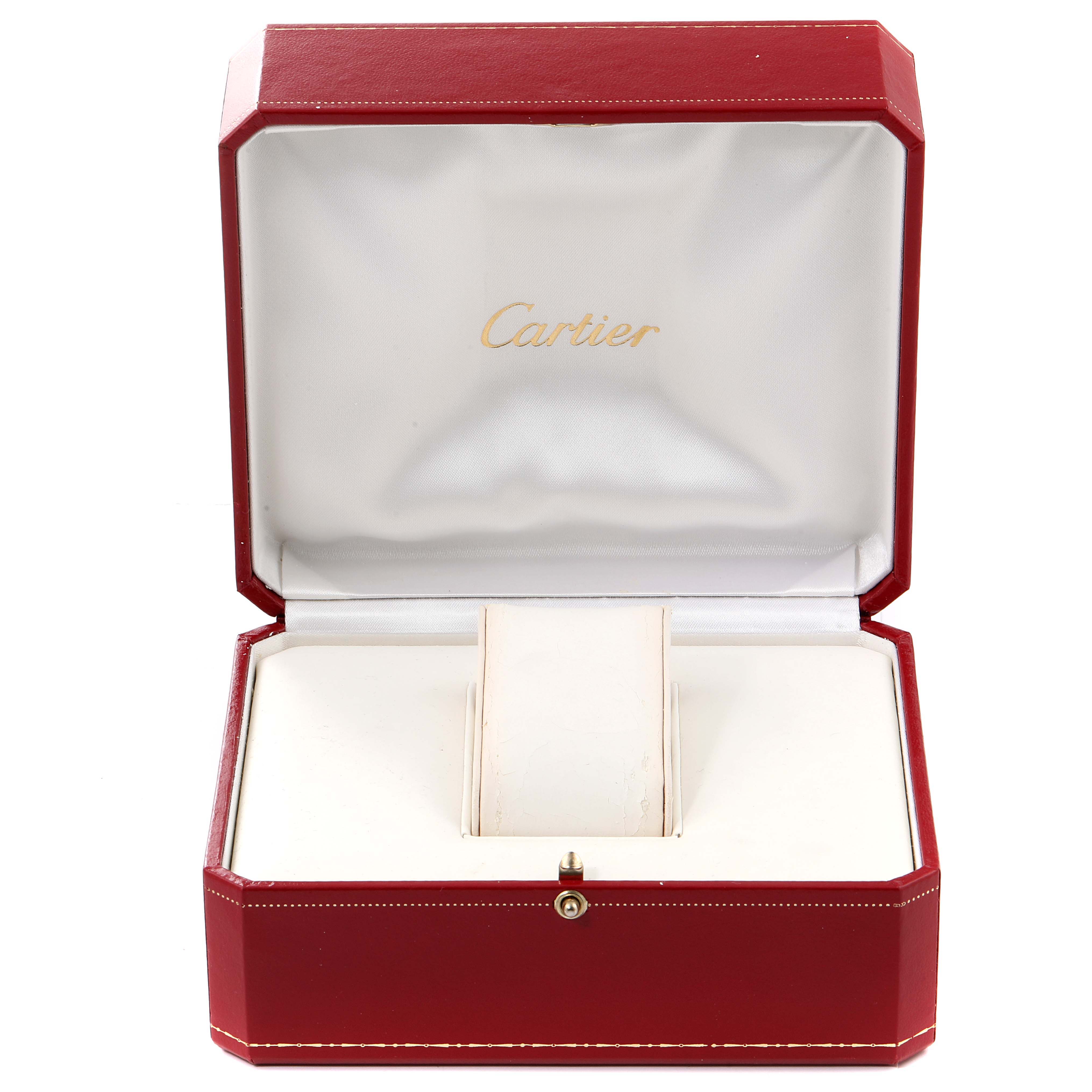This is an open view of a Cartier Santos W20044D6 Women's Stainless Steel Silver Dial W20044D6 Women's Stainless Steel Silver Dial watch box, featuring a red exterior and a white interior.