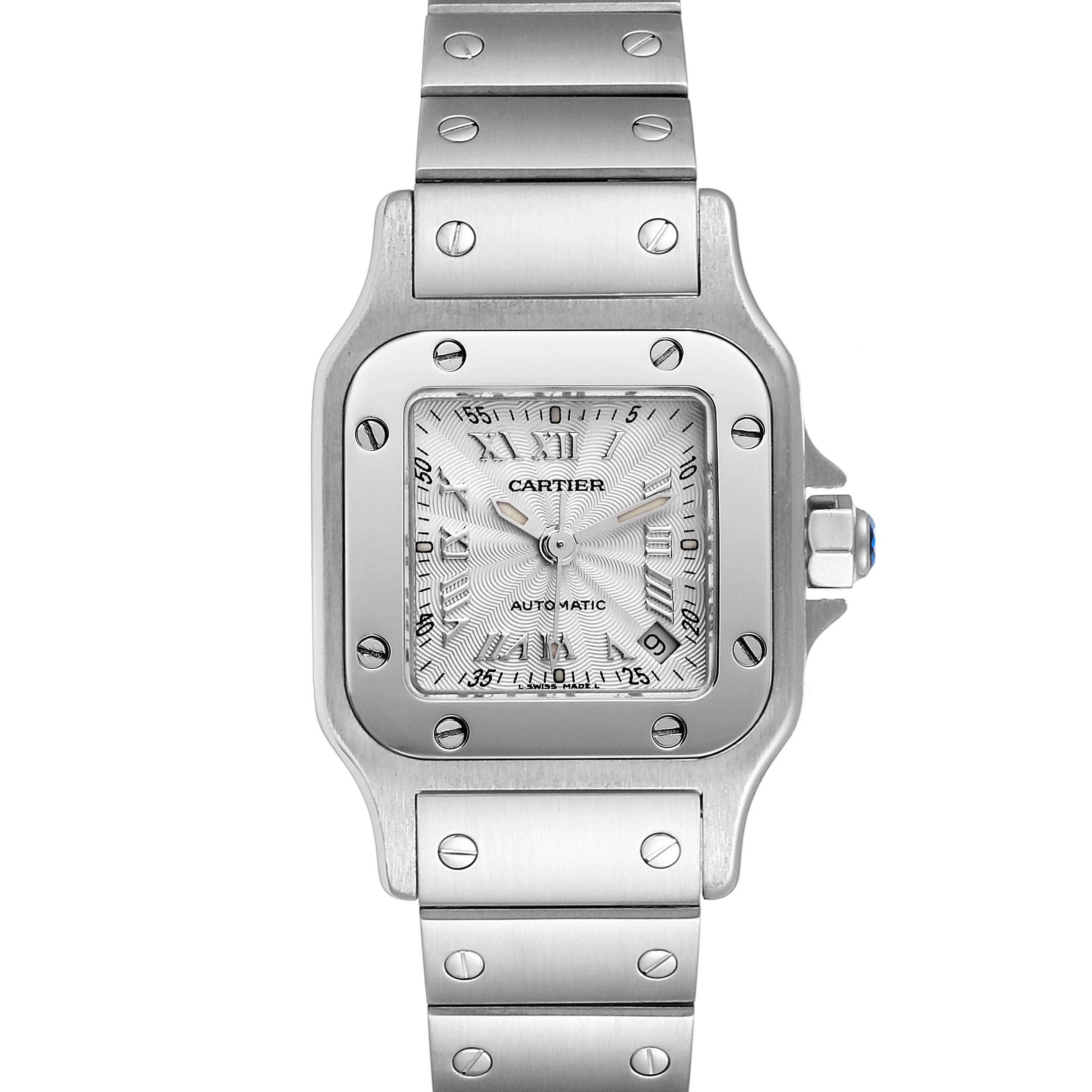 The image shows a frontal view of a Cartier Santos W20044D6 Women's Stainless Steel Silver Dial W20044D6 Women's Stainless Steel Silver Dial watch, highlighting its square face, metallic band, and screw details.