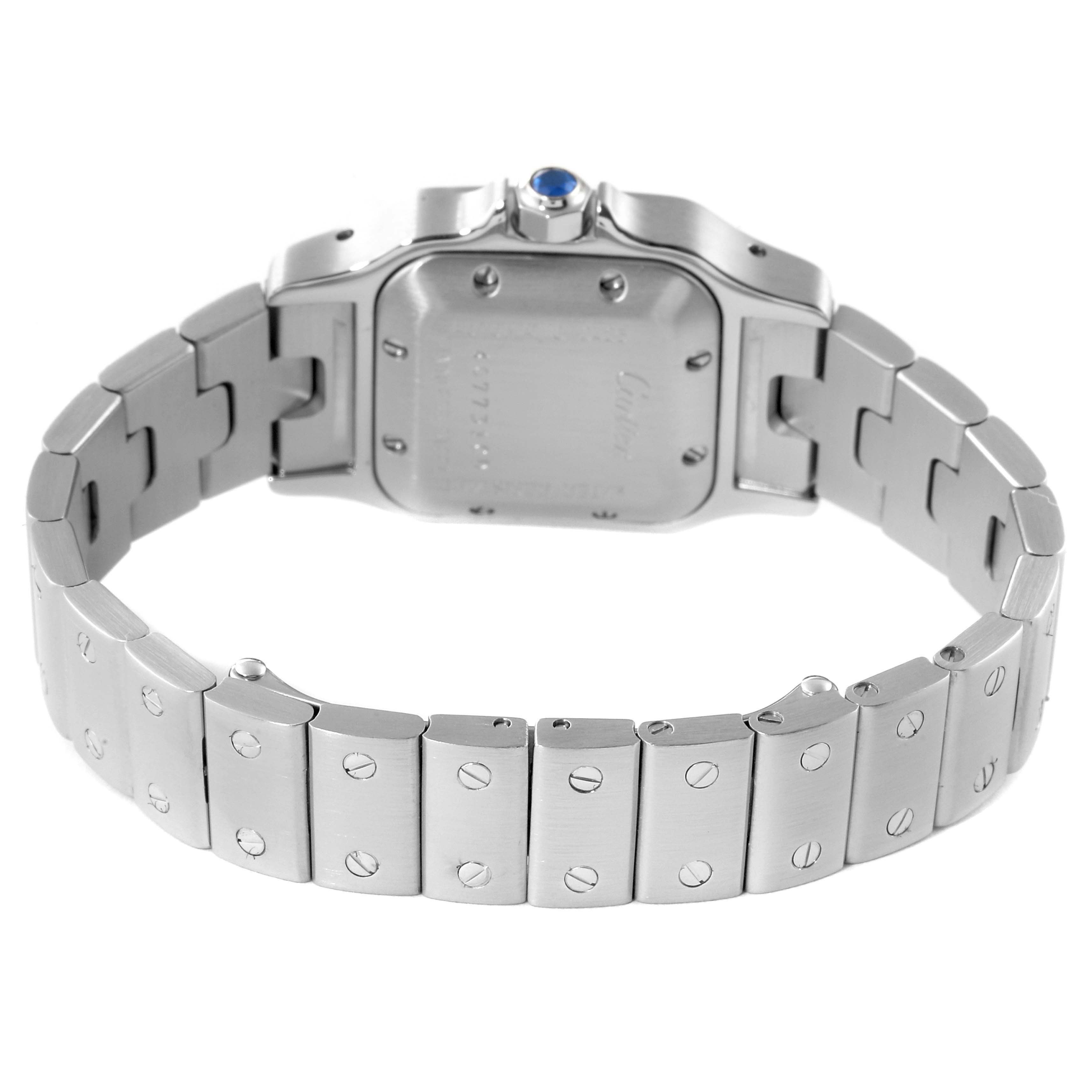 This image shows the back and bracelet of a Cartier Santos W20044D6 Women's Stainless Steel Silver Dial W20044D6 Women's Stainless Steel Silver Dial watch, highlighting the stainless steel case and link design.