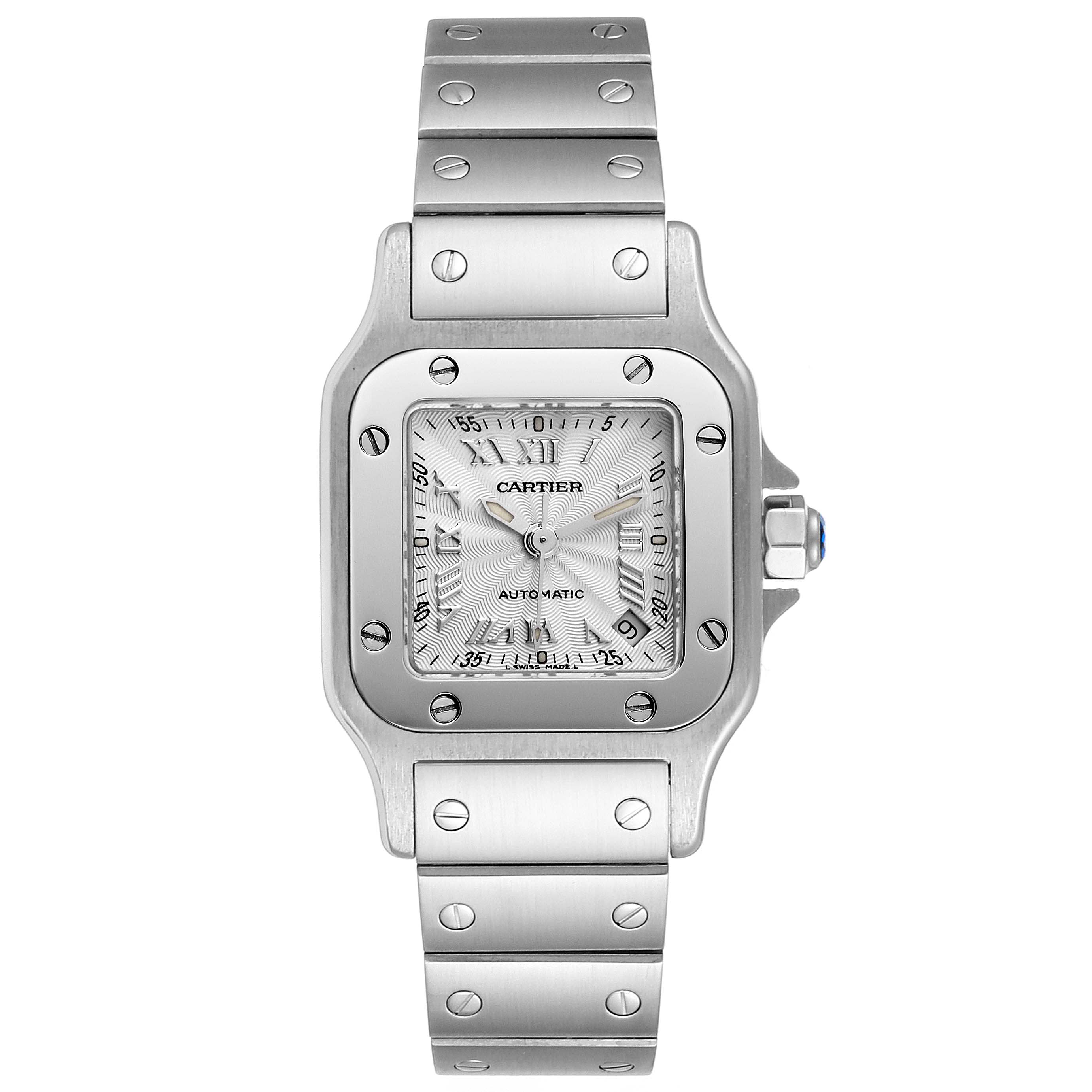 The Cartier Santos W20044D6 Women's Stainless Steel Silver Dial W20044D6 Women's Stainless Steel Silver Dial watch is shown from the front, displaying the dial, bezel, case, and part of the bracelet.