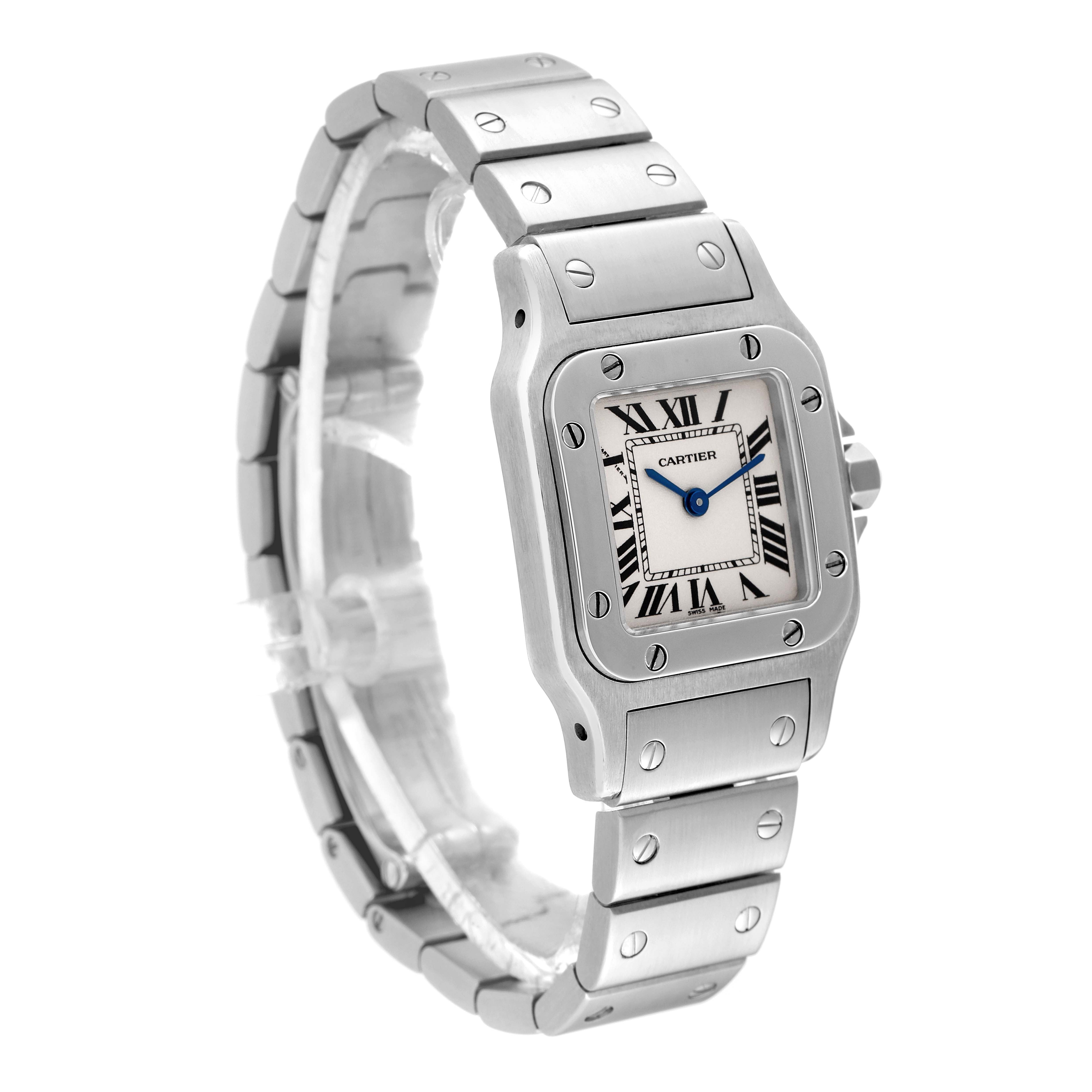 The image shows a three-quarter view of the Cartier Santos W20056D6 Women's Stainless Steel Silver Dial W20056D6 Women's Stainless Steel Silver Dial watch, featuring the face, bezel, and bracelet.
