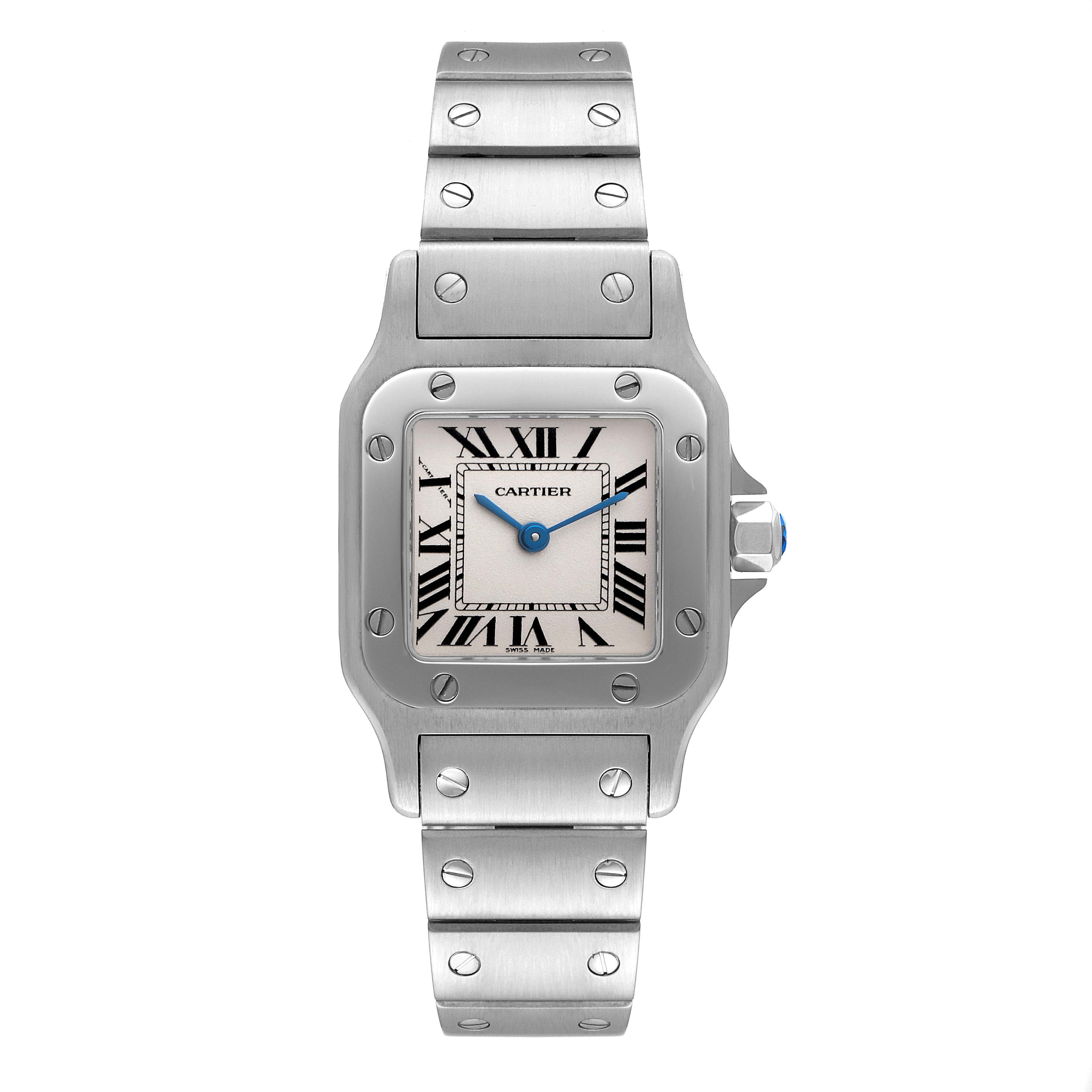 The image shows a front view of a Cartier Santos W20056D6 Women's Stainless Steel Silver Dial W20056D6 Women's Stainless Steel Silver Dial watch, displaying the face, bezel, and bracelet with its characteristic screws.