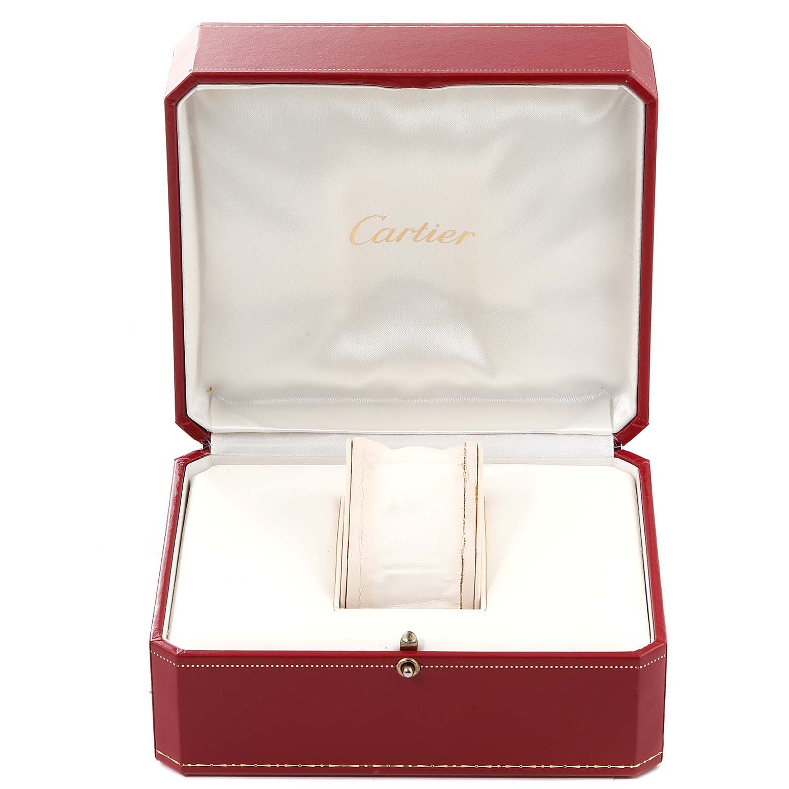 The image shows an open red Cartier box for a Santos model watch, displaying an empty watch cushion.