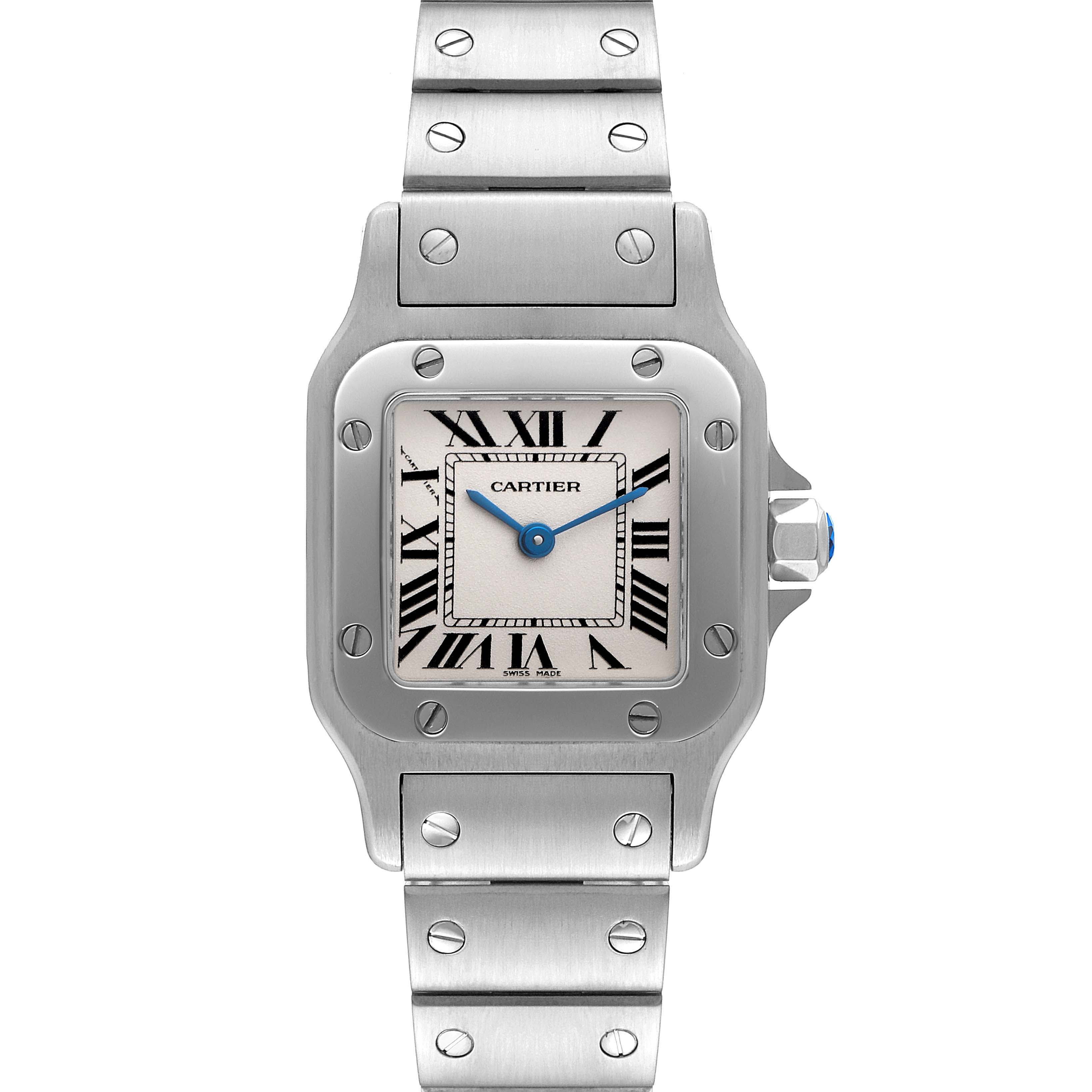 The image shows a front view of the Cartier Santos W20056D6 Women's Stainless Steel Silver Dial W20056D6 Women's Stainless Steel Silver Dial watch, highlighting its square face, Roman numerals, and metal bracelet.
