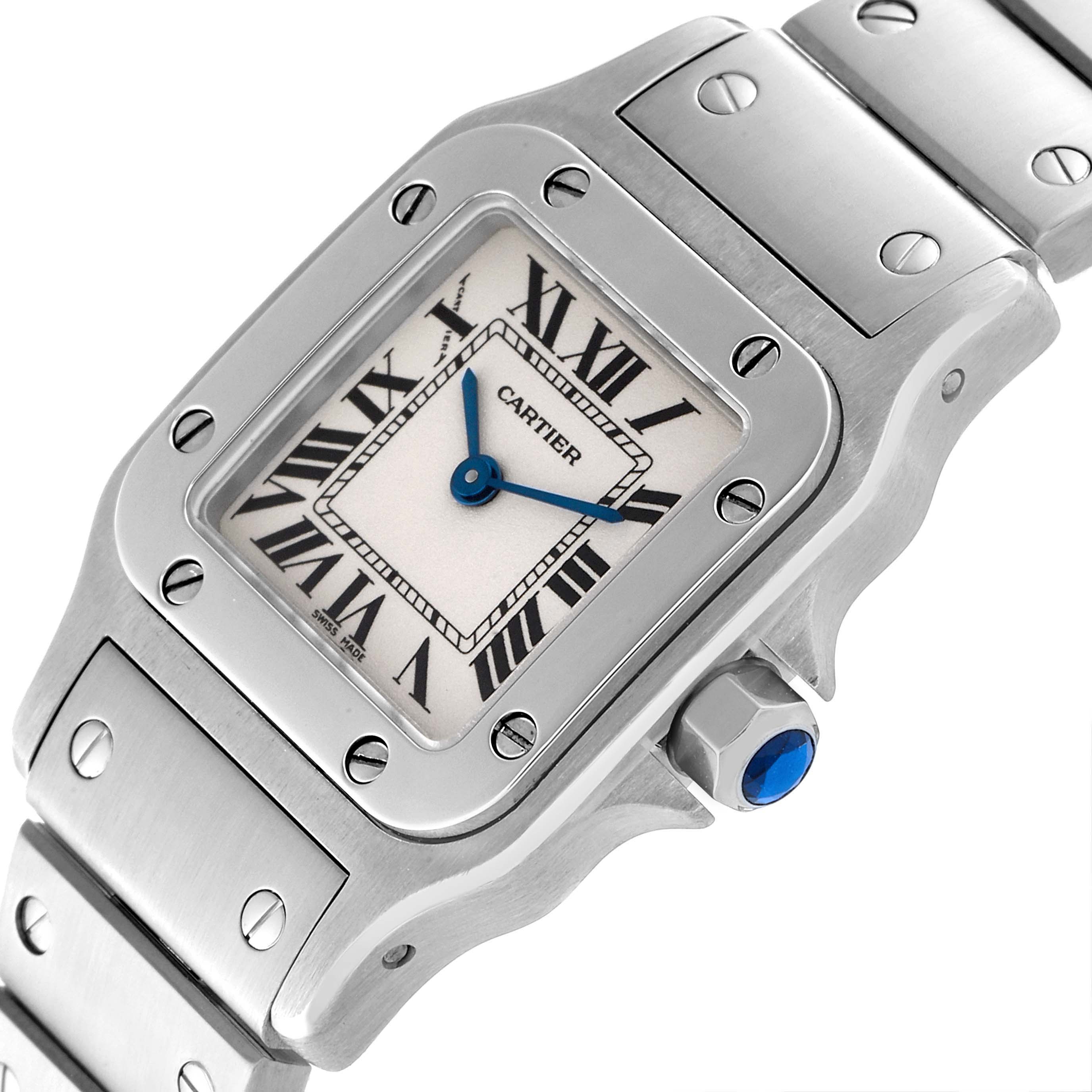 The image shows a Cartier Santos W20056D6 Women's Stainless Steel Silver Dial W20056D6 Women's Stainless Steel Silver Dial watch at an angle, highlighting the dial, screws, and part of the bracelet.